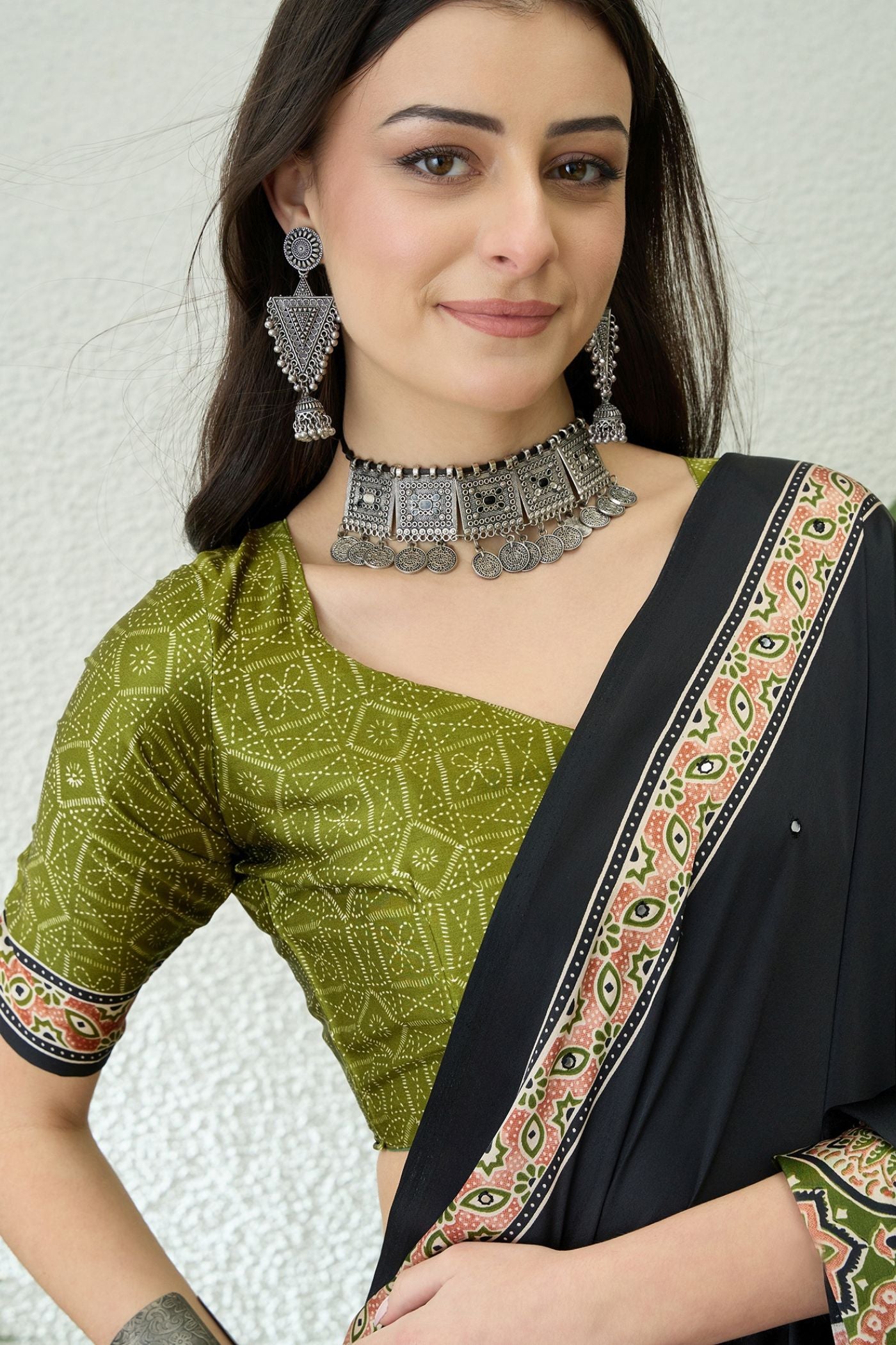 Buy MySilkLove Enigma Black and Green Modal Ajrakh Satin Printed Silk Saree Online