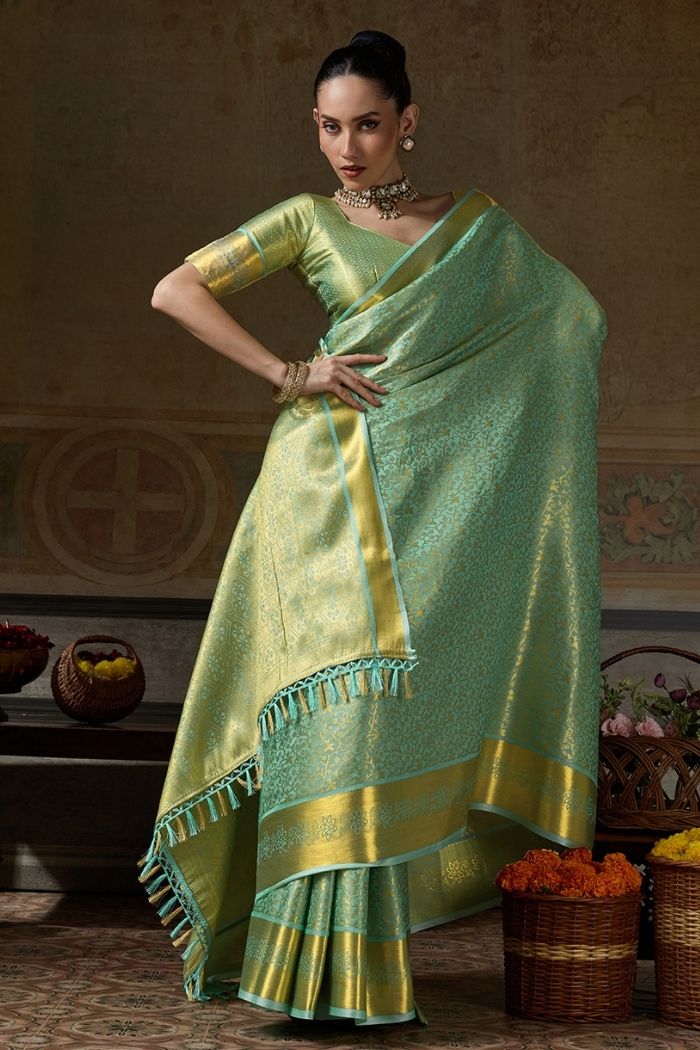 Buy MySilkLove Pistachio Green Woven Kanjivaram Saree Online