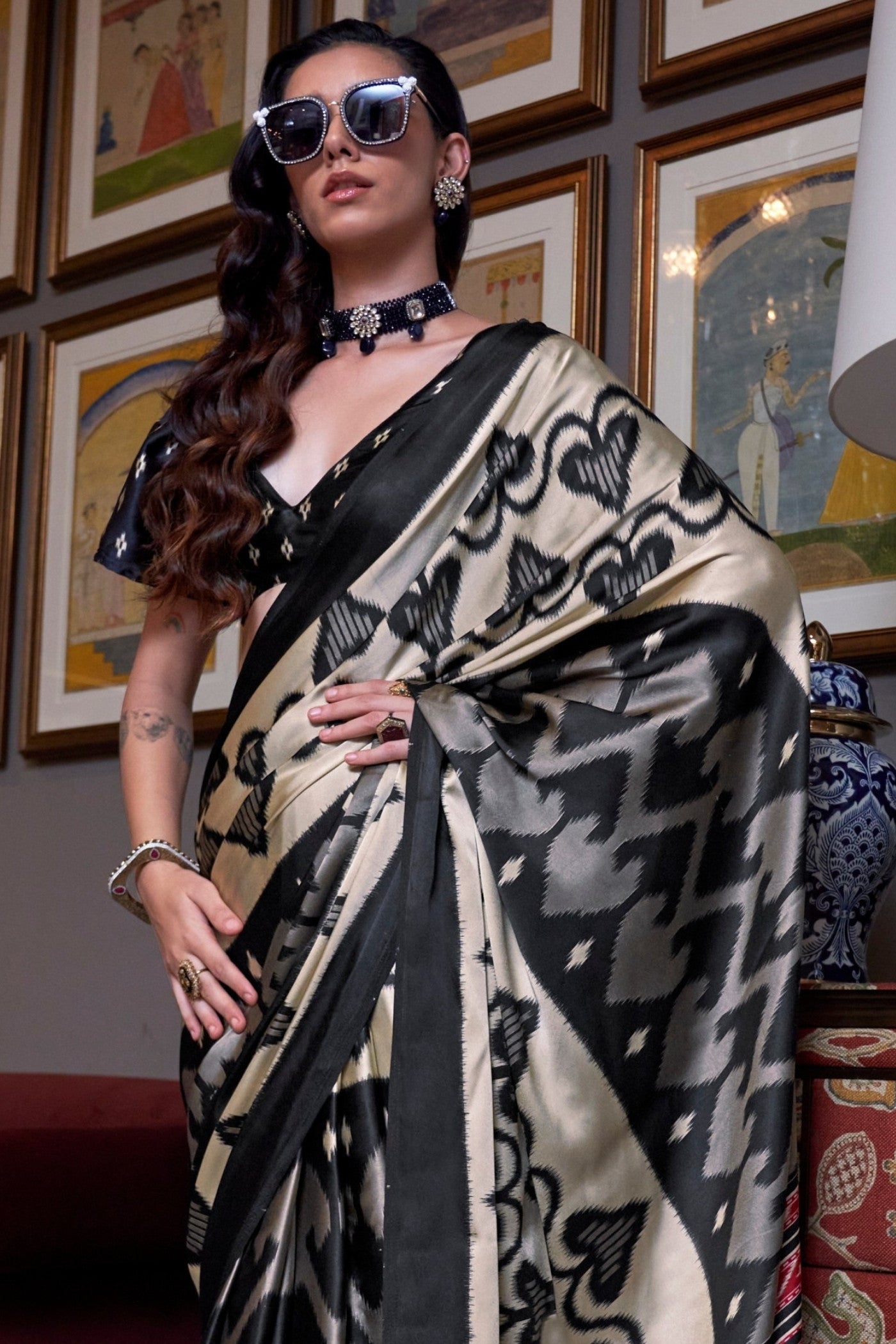 Buy MySilkLove Rich Black and Cream Patola Printed Satin Crepe Saree Online