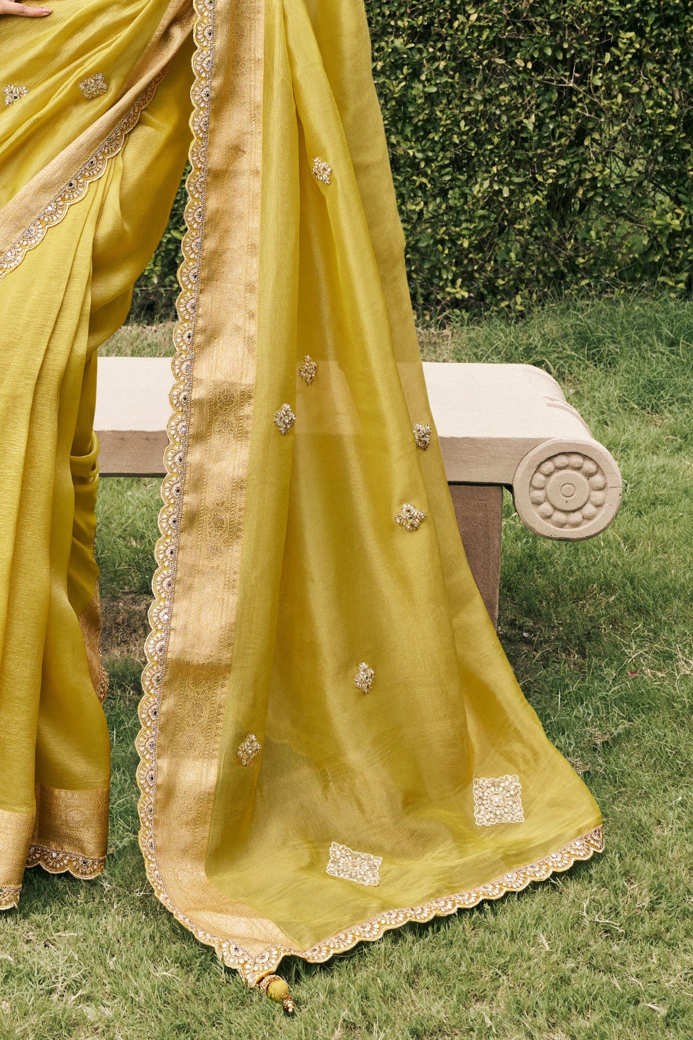 Buy MySilkLove Tussock Yellow Banarasi Designer Embroidered Saree Online