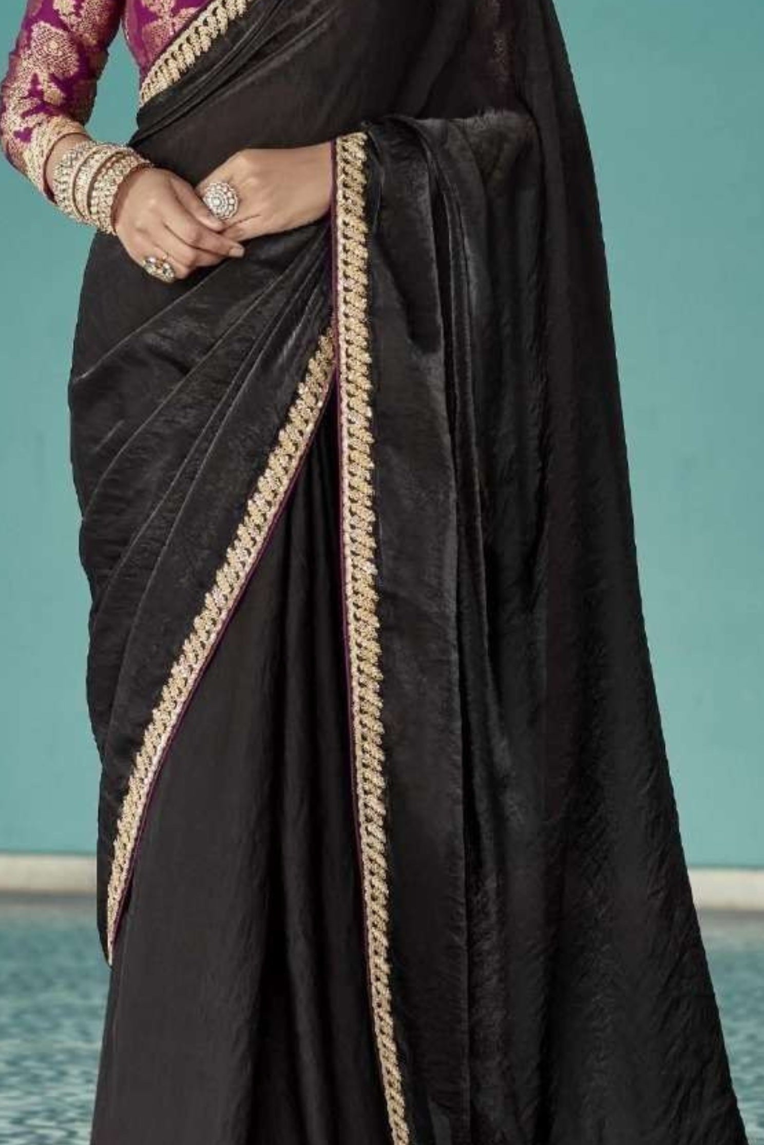 Buy MySilkLove Gunmetal Black Embroidered Tissue Designer Saree Online