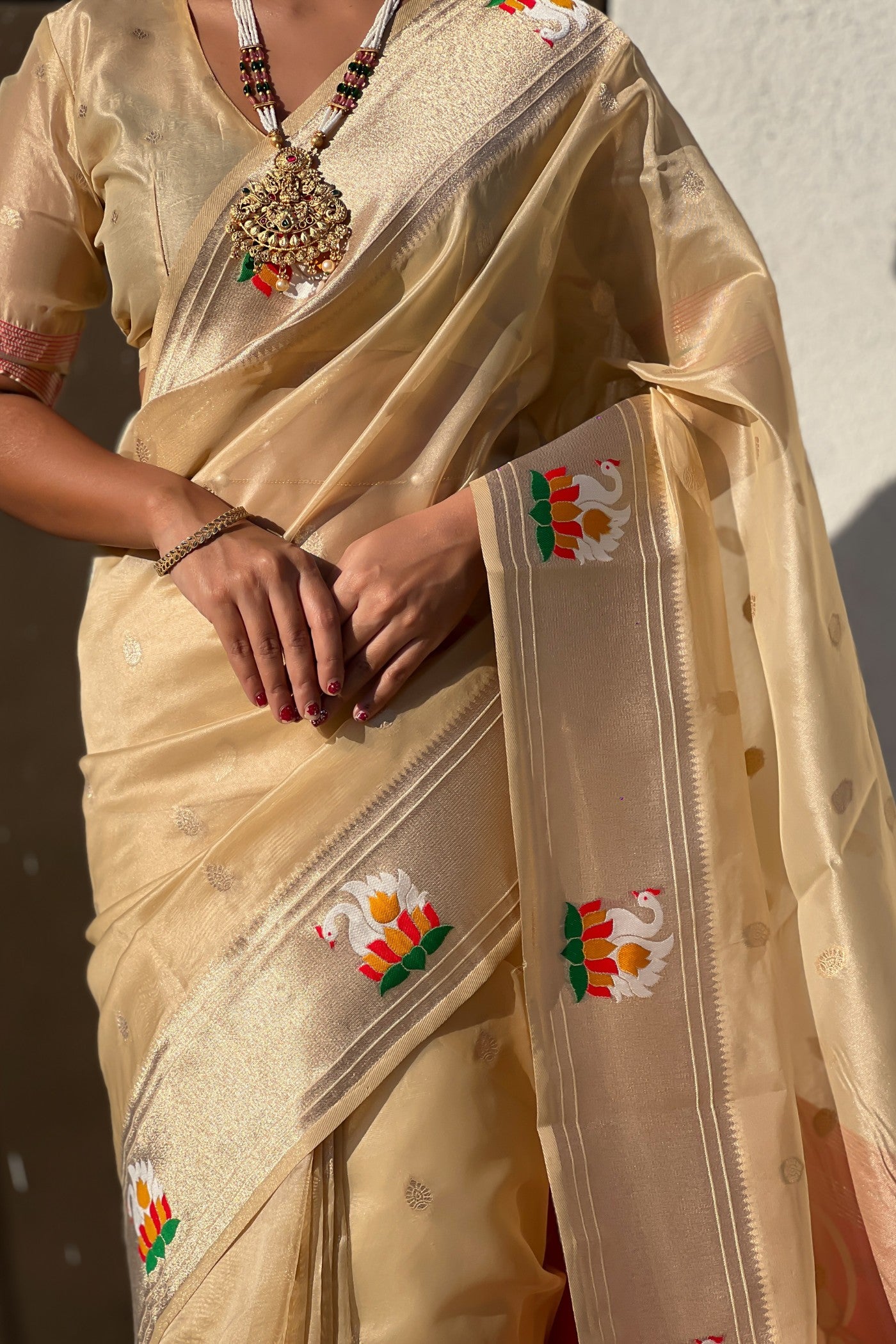 Buy MySilkLove Classic Cream Organza Woven Paithani Saree Online