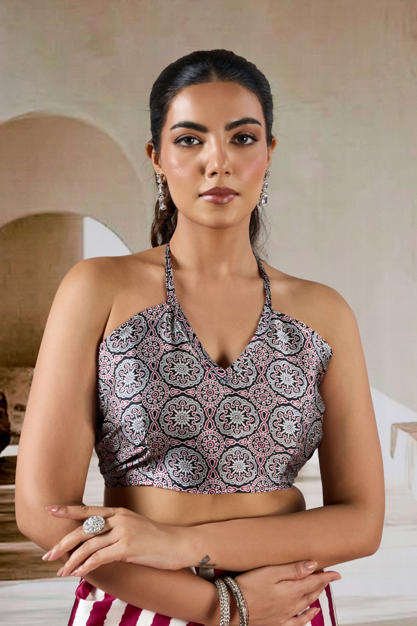 Buy MySilkLove Rosewood Maroon Stripe Ajrakh Printed Satin Crepe Silk Saree Online