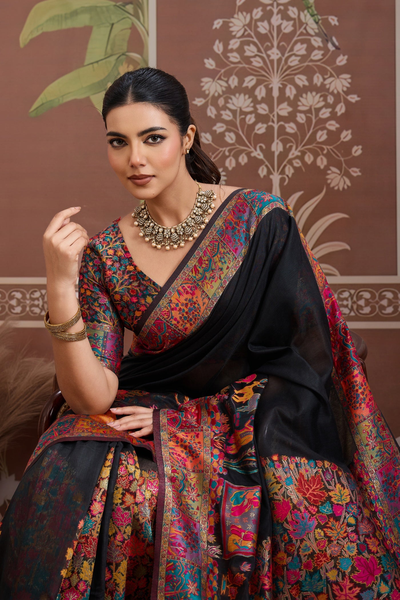 MySilkLove Coral Black Kashmiri Handllom Jamewar Saree