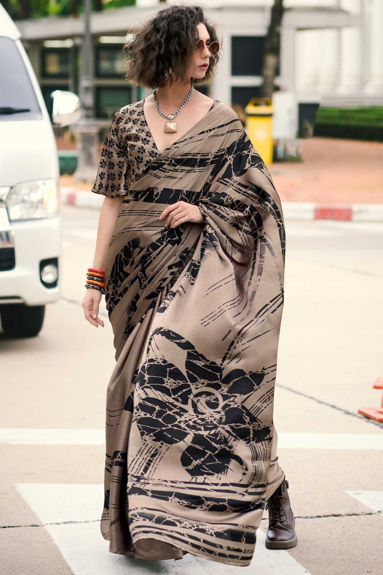 Buy MySilkLove Espresso Brown Printed Satin Crepe Saree Online