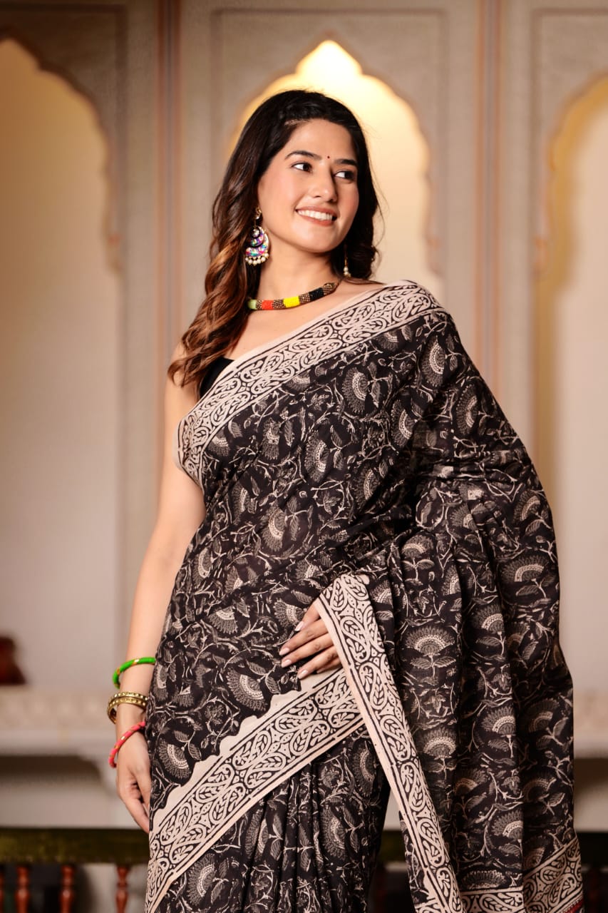 Buy MySilkLove Woody Black Pure Cotton Handblock Printed Saree Online