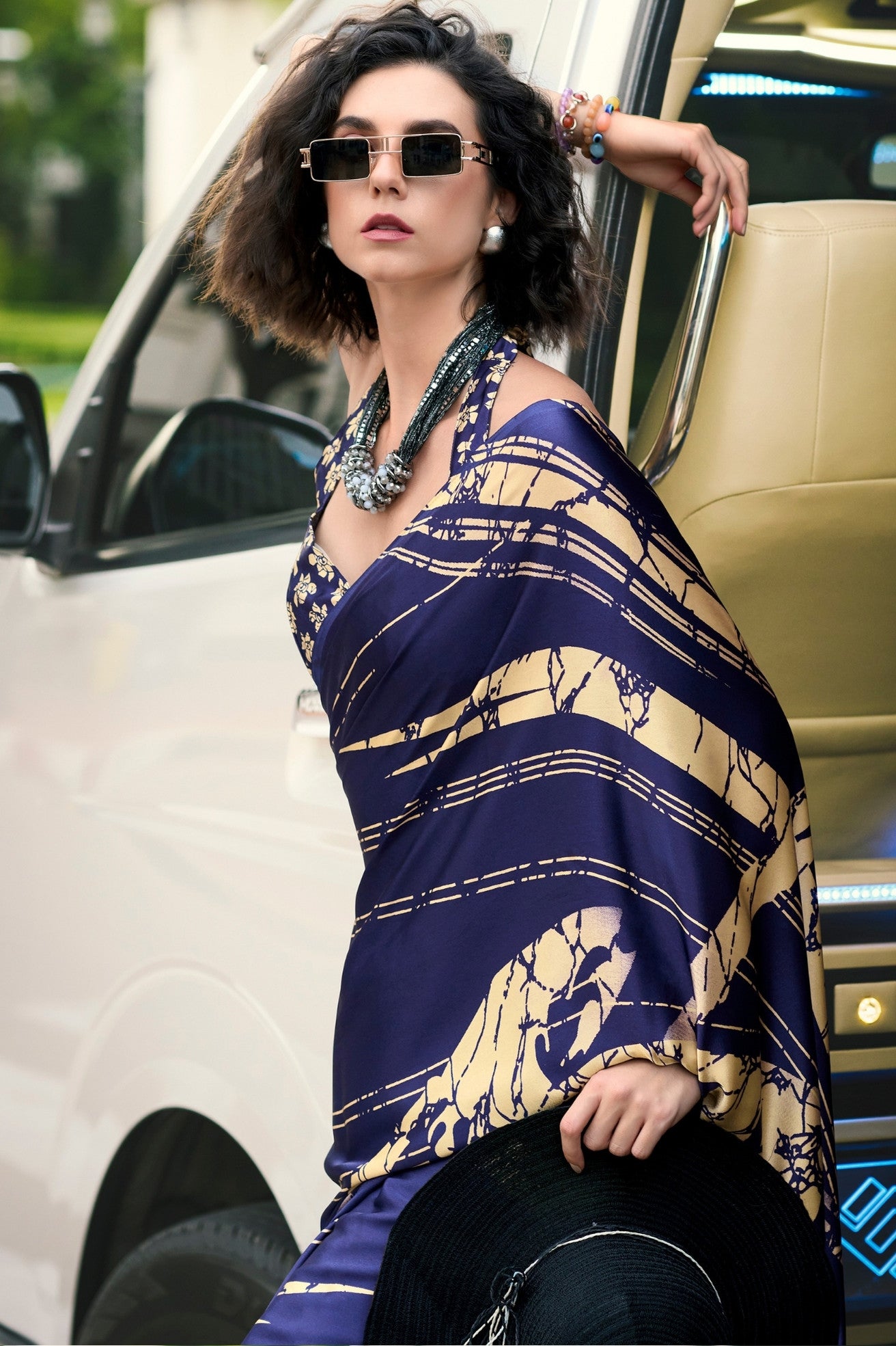 Buy MySilkLove Azure Blue Printed Satin Crepe Saree Online