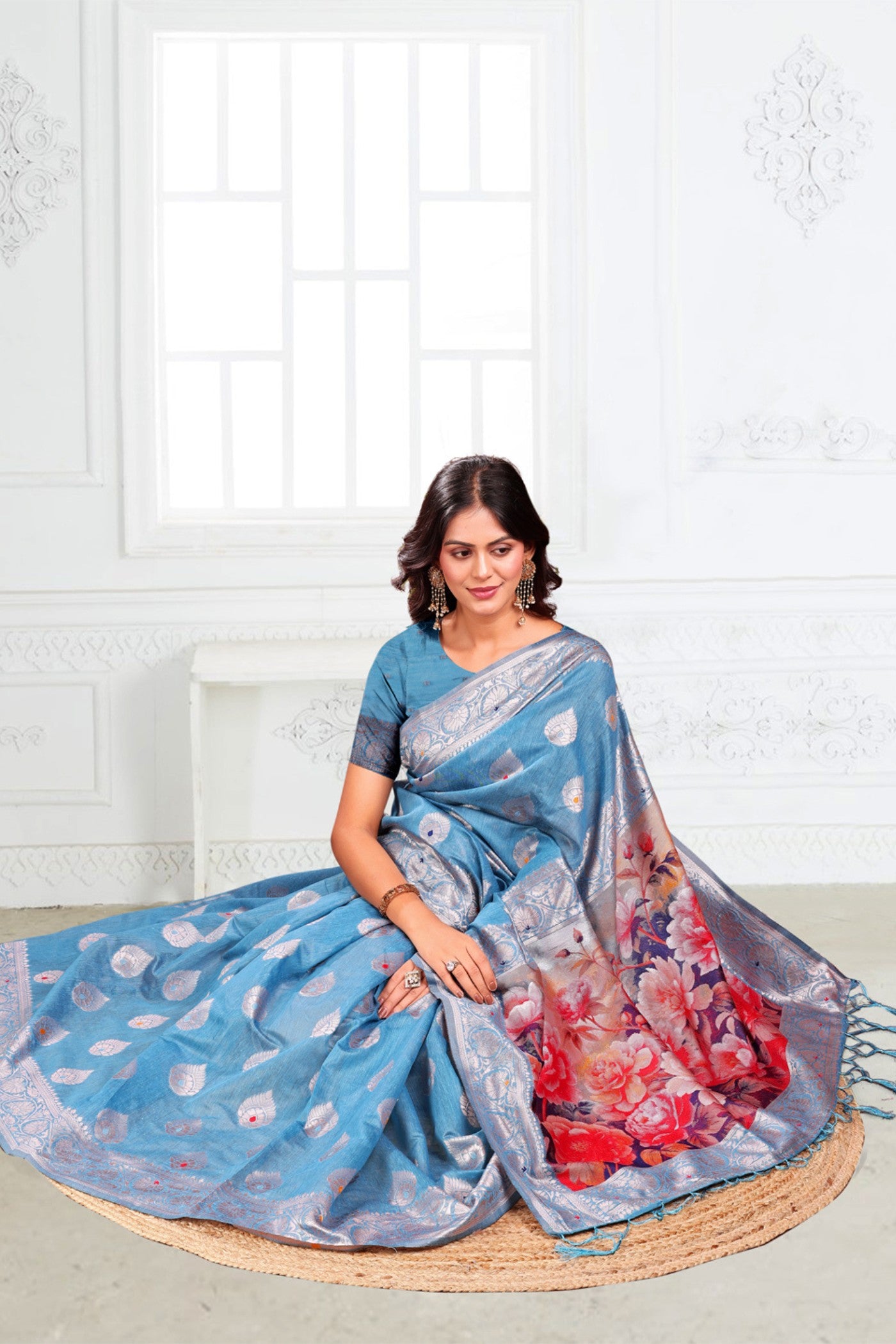Buy MySilkLove Swiming Blue Woven Linen Cotton Saree Online
