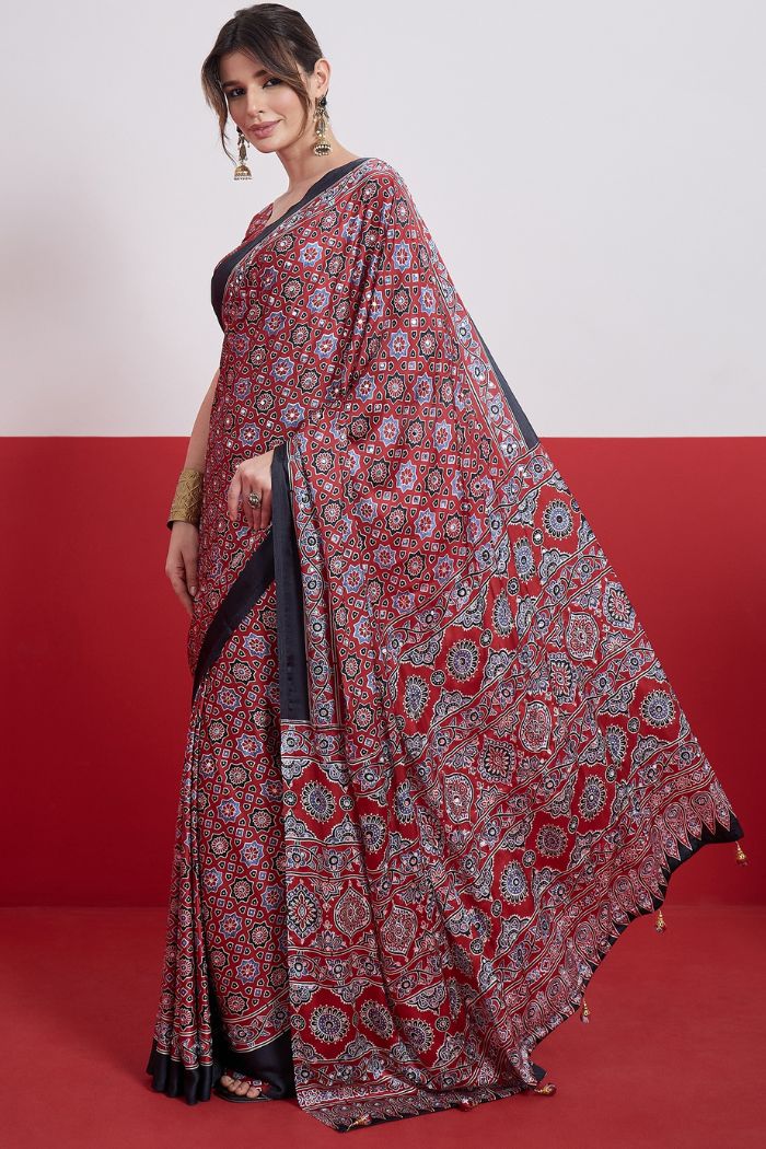 Buy MySilkLove Burgundy Maroon Modal Ajrakh Satin Printed Mirror Work Saree Online