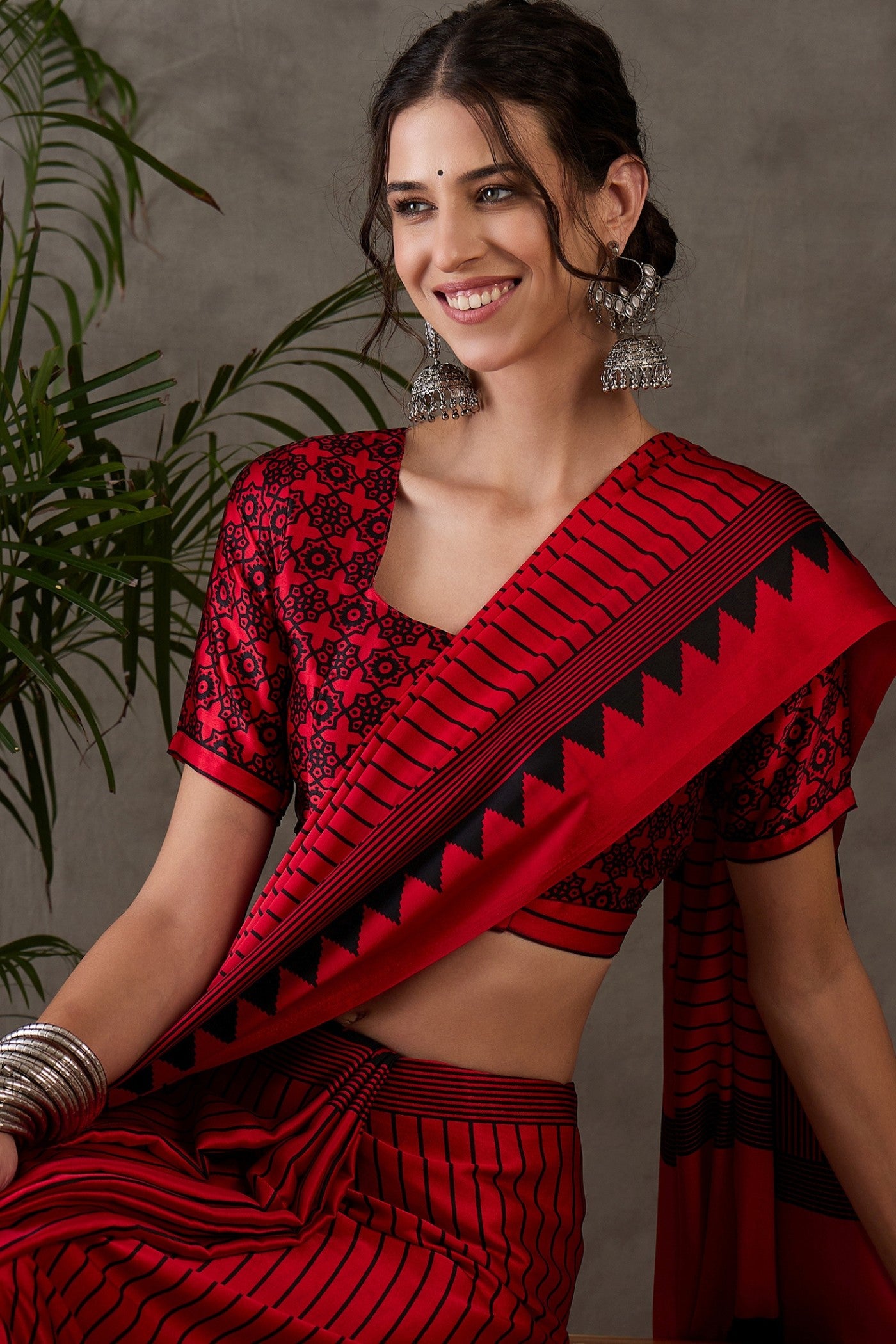 MySilkLove Rose Red Printed Satin Gaji Silk Saree