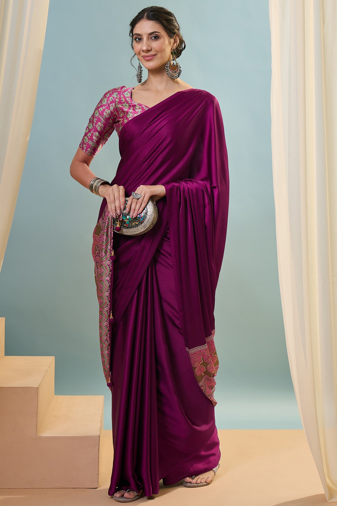 Buy MySilkLove Glassfire Purple Ajrakh Printed Satin Crepe Silk Saree Online