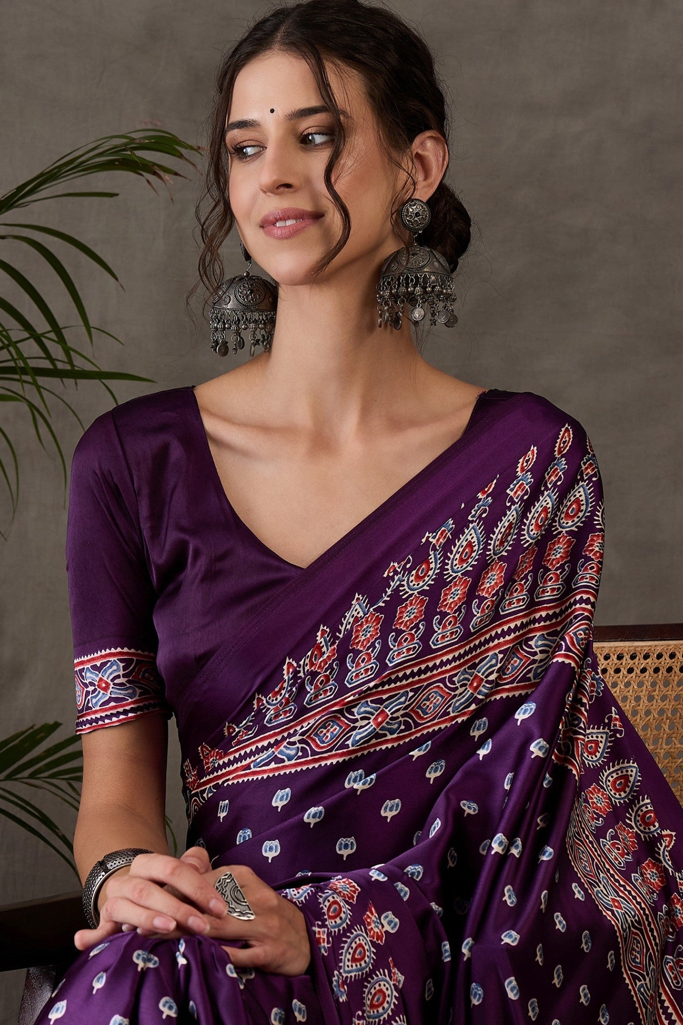 MySilkLove Jamun Purple Printed Satin Gaji Silk Saree