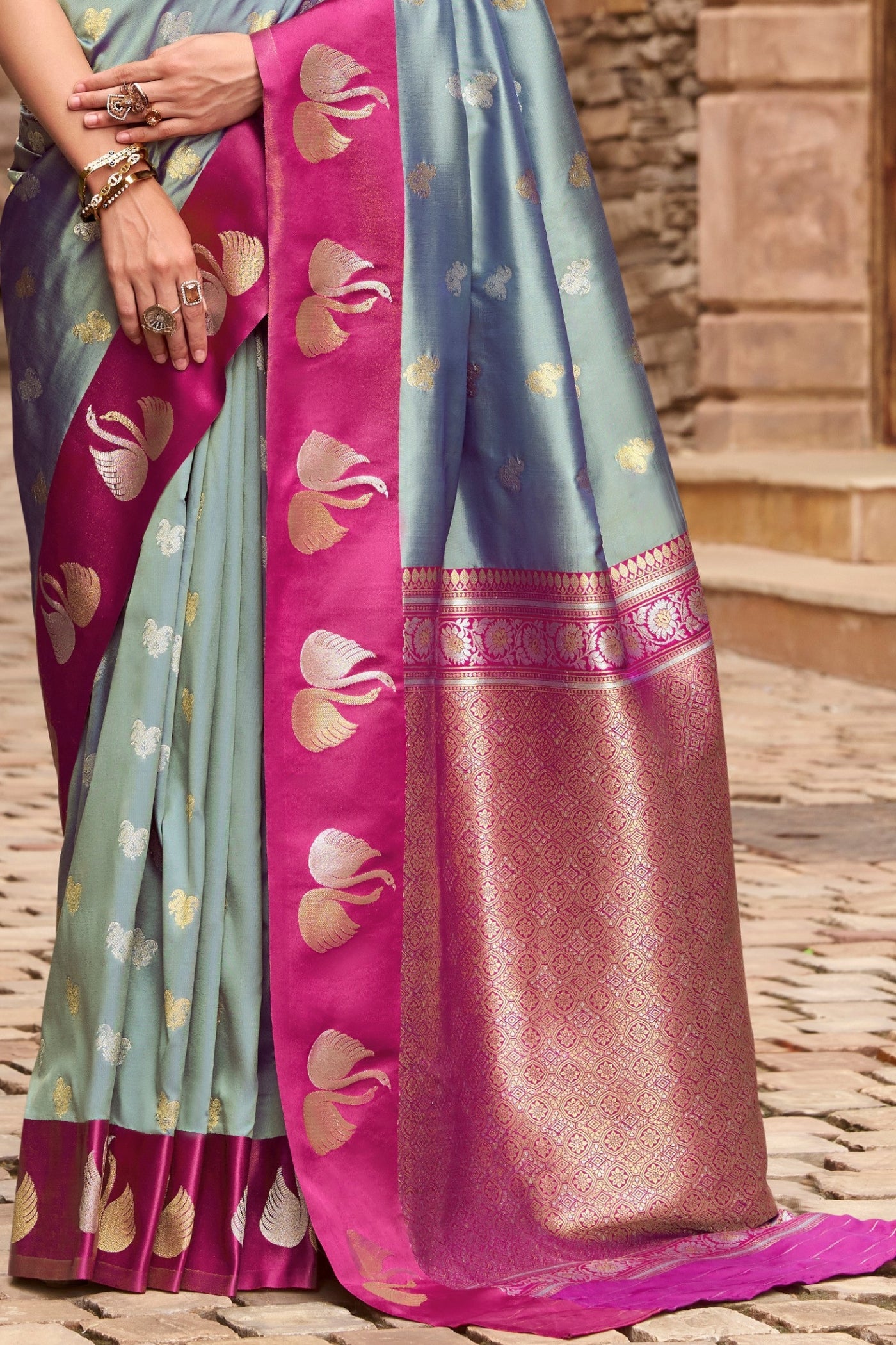 Buy MySilkLove Zinc Gery Woven Satin Soft Silk Saree Online
