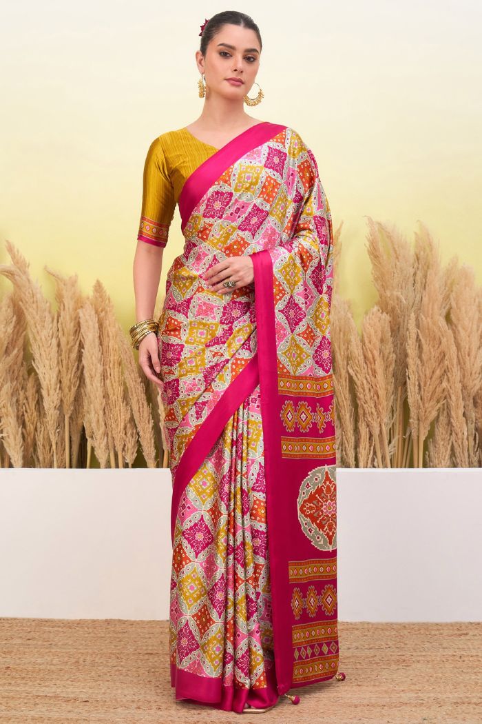 Buy MySilkLove Watermelon Pink Patola Printed Satin Crepe Silk Saree Online