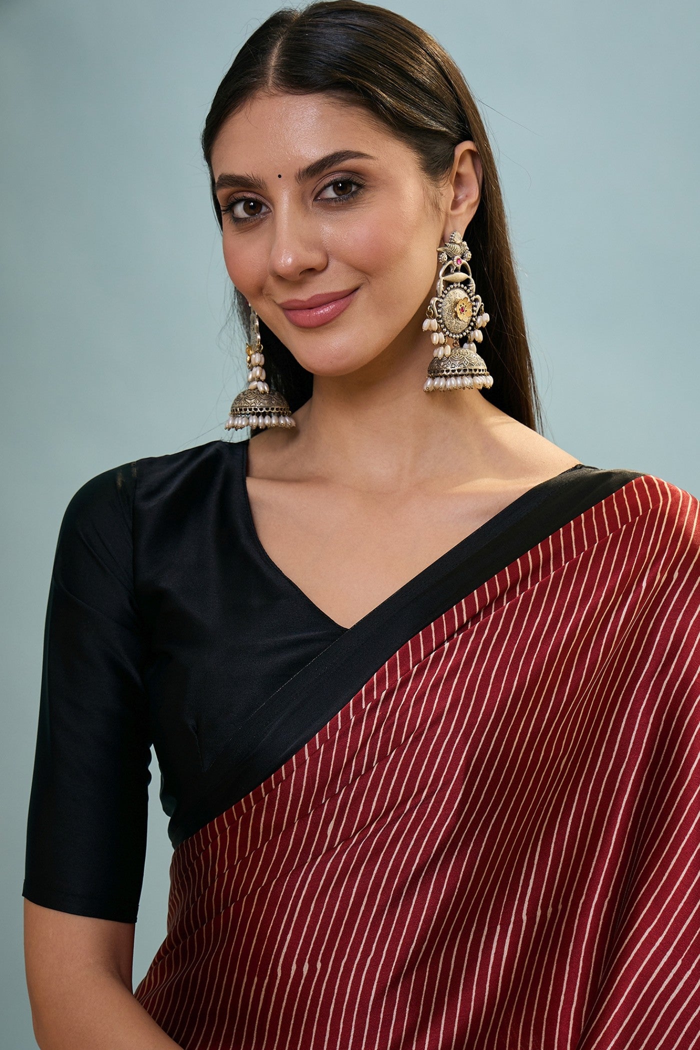 Buy MySilkLove Russet Brown Ajrakh Printed Satin Crepe Silk Saree Online