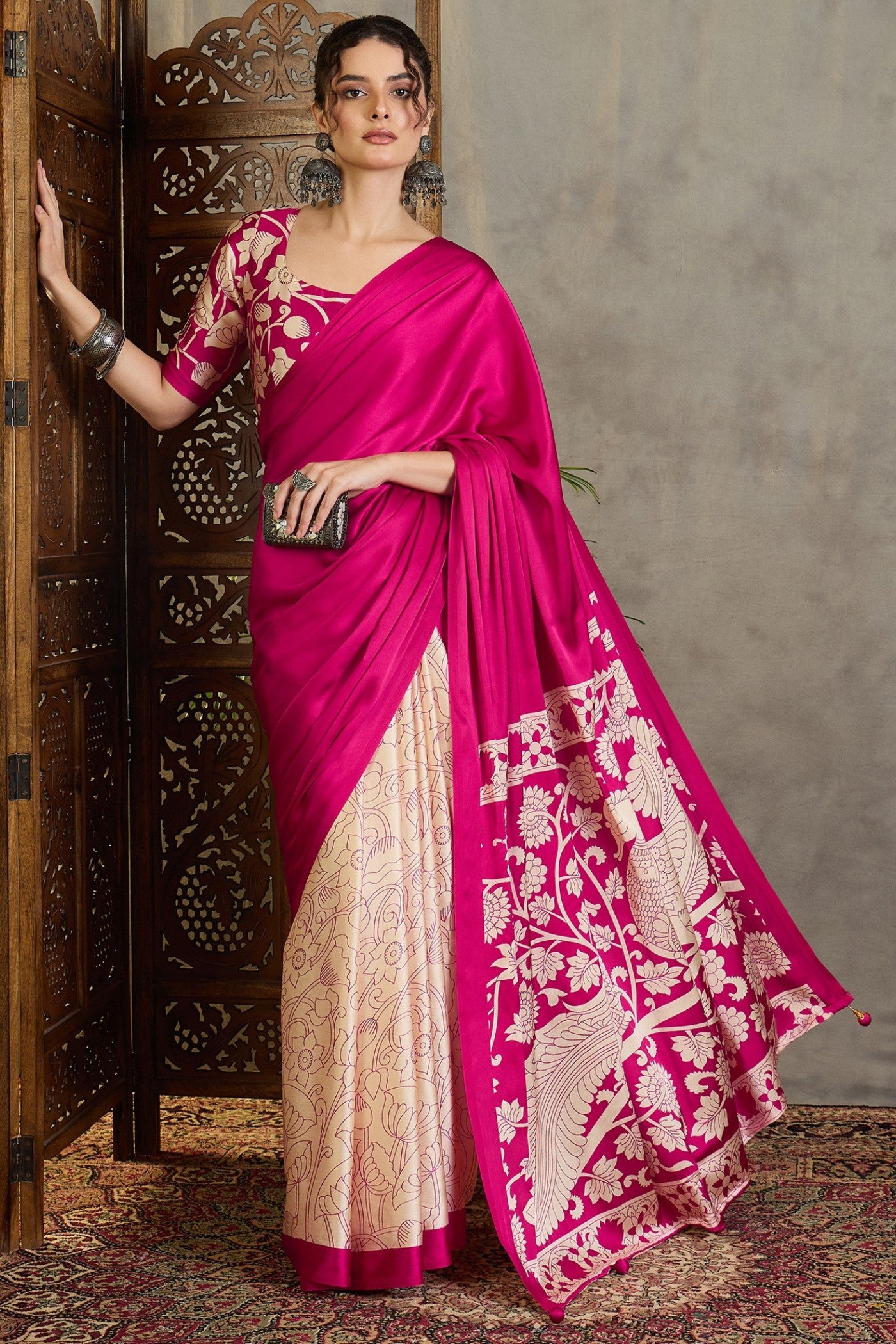 Buy MySilkLove Paradise Pink Kalamkari Printed Satin Silk Saree Online