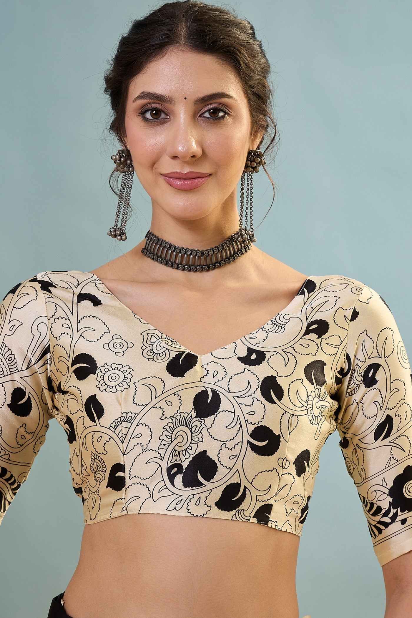 Buy MySilkLove Gunmetal Black Ajrakh Printed Satin Crepe Silk Saree Online