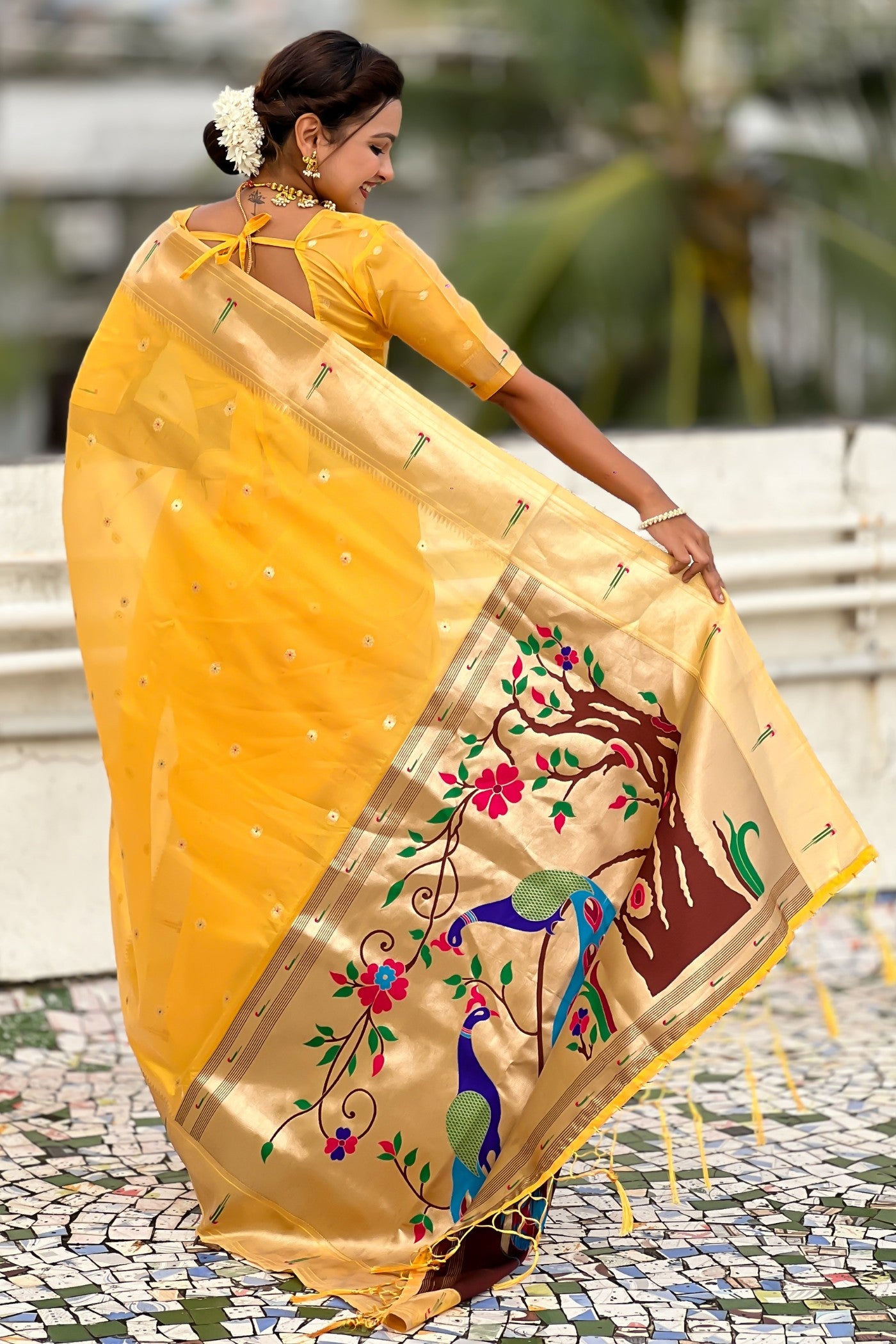 Buy MySilkLove Amber Yellow Organza Woven Paithani Saree Online