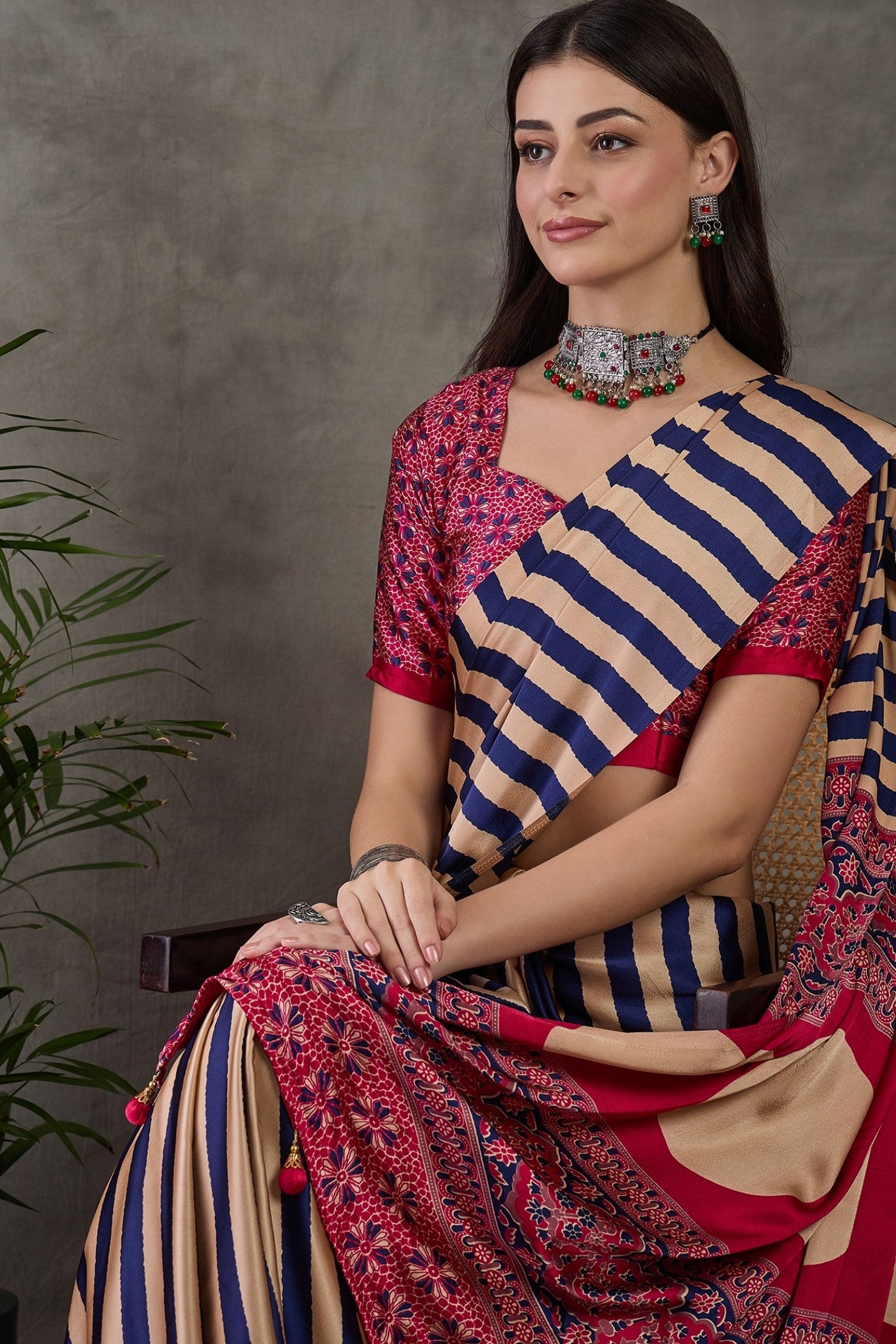 Buy MySilkLove Sapphire Blue Stripe Ajrakh Printed Satin Gaji Silk Saree Online