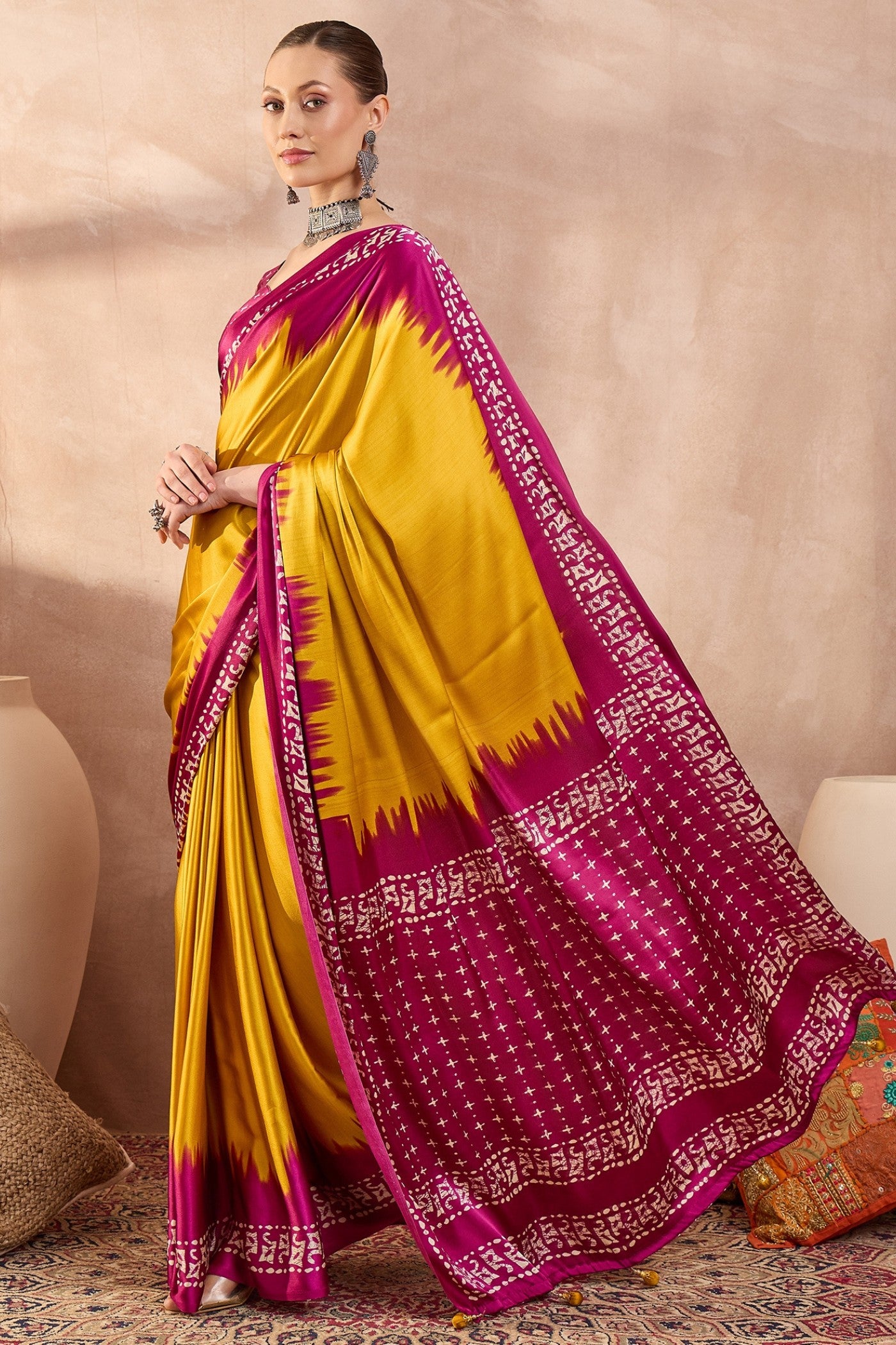 Buy MySilkLove Chartreuse Yellow Printed Satin Crepe Silk Saree Online