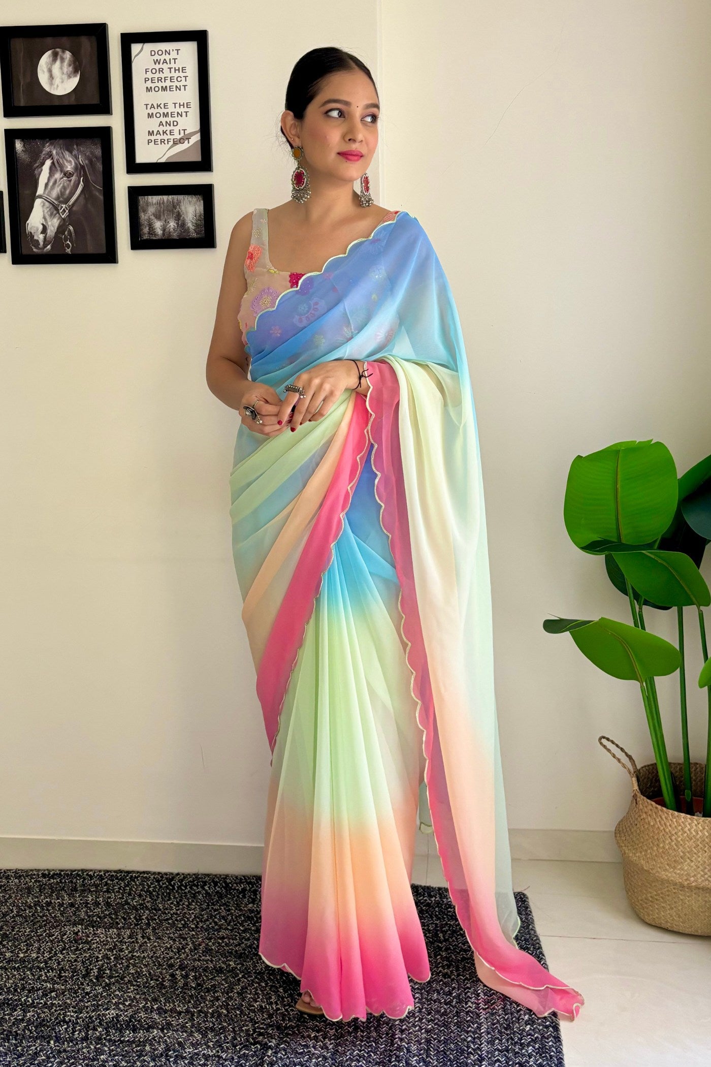 Buy MySilkLove Bloom Pink and Blue Georgette Saree Online