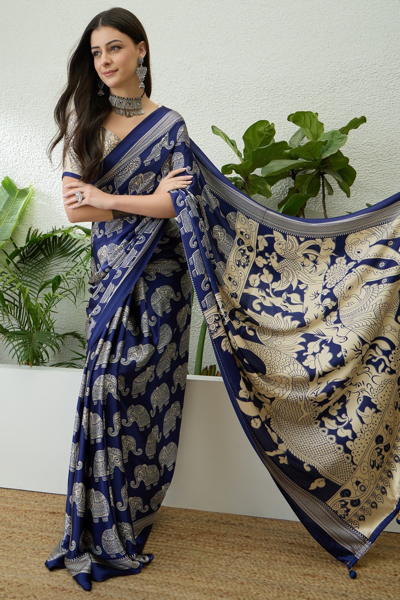 Buy MySilkLove Baby Blue Ajrakh Printed Satin Crepe Silk Saree Online