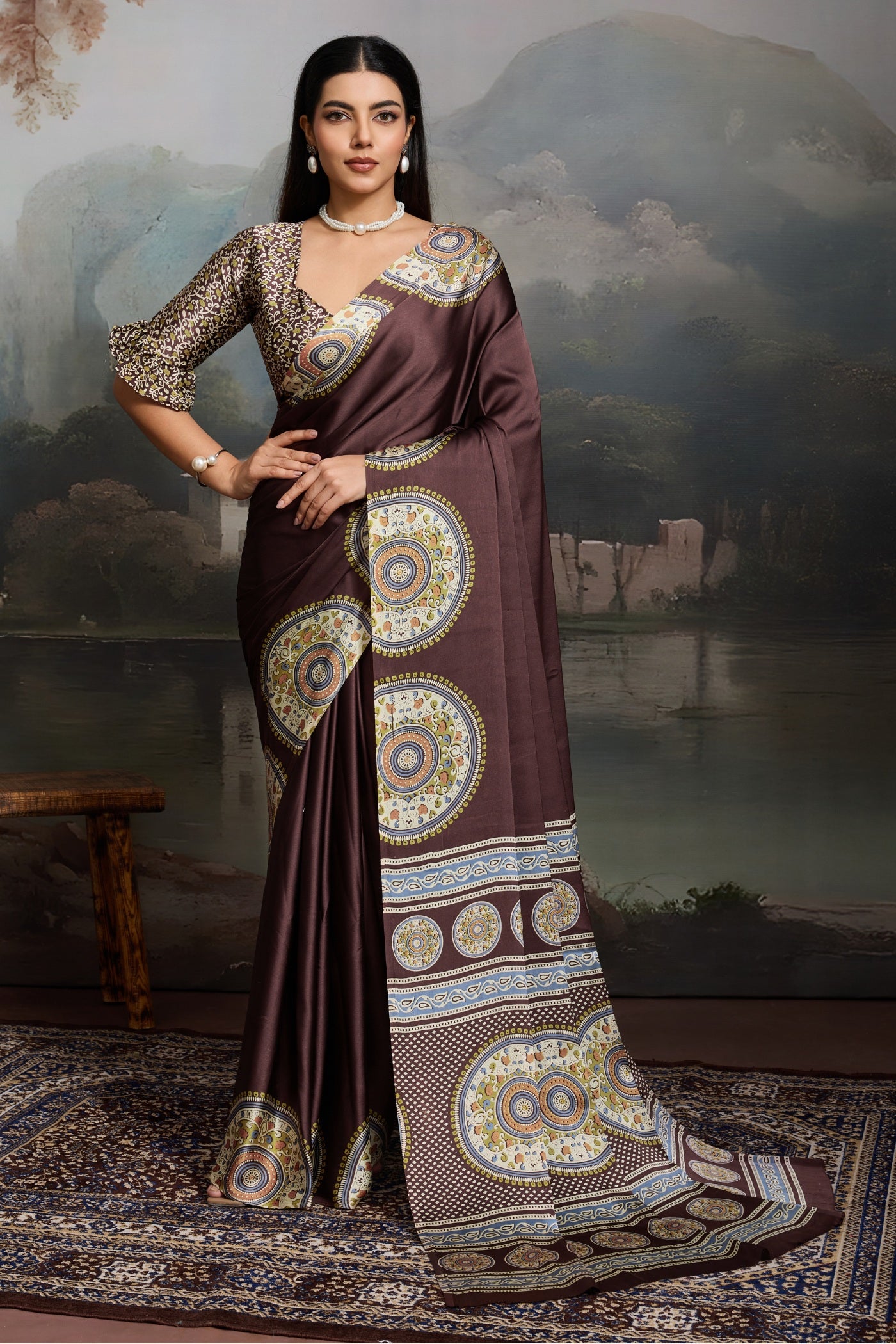 Buy MySilkLove Pecan Brown Ajrakh Modal Ajrakh Printed Silk Saree Online