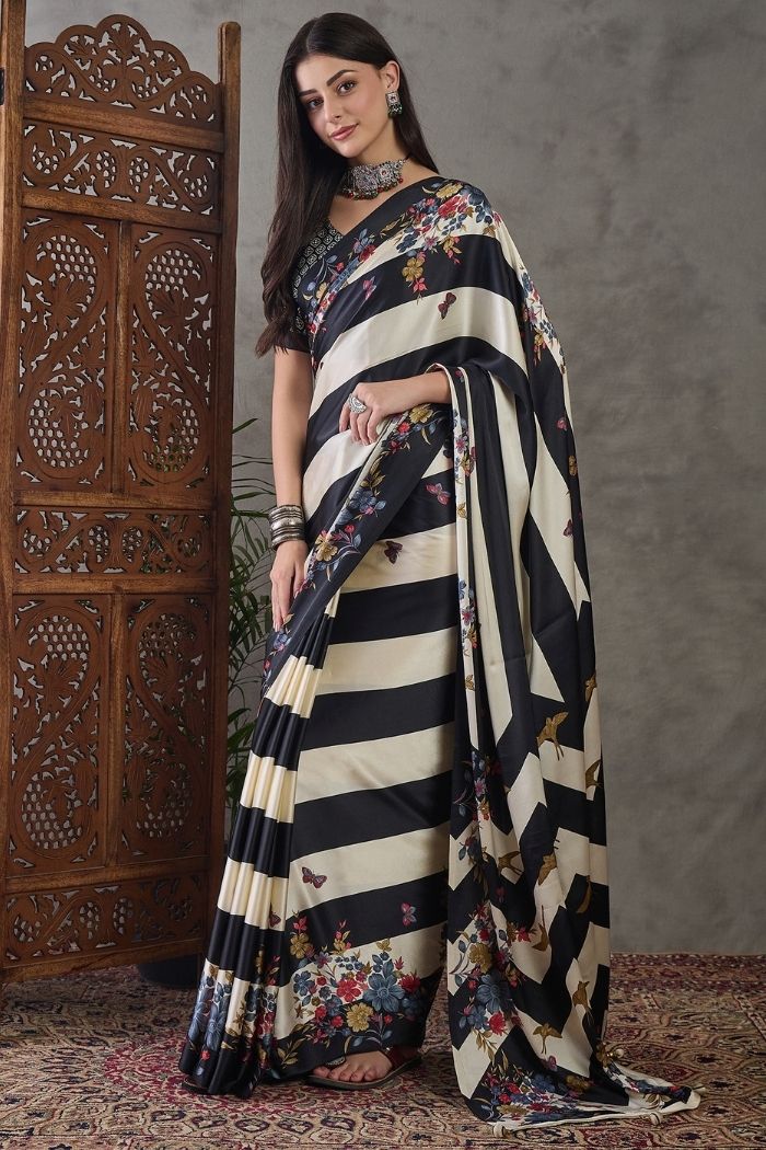 Buy MySilkLove Sisal Black Stripe Printed Floral Satin Gaji Silk Saree Online