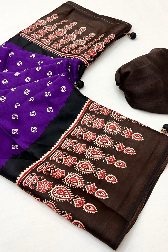 Buy MySilkLove Dark Violet Purple Ajrakh Printed Satin Gaji Silk Saree Online