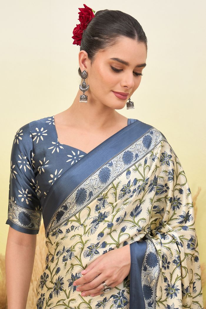 Buy MySilkLove Rice Cream and Blue Modal Satin Printed Silk Saree Online