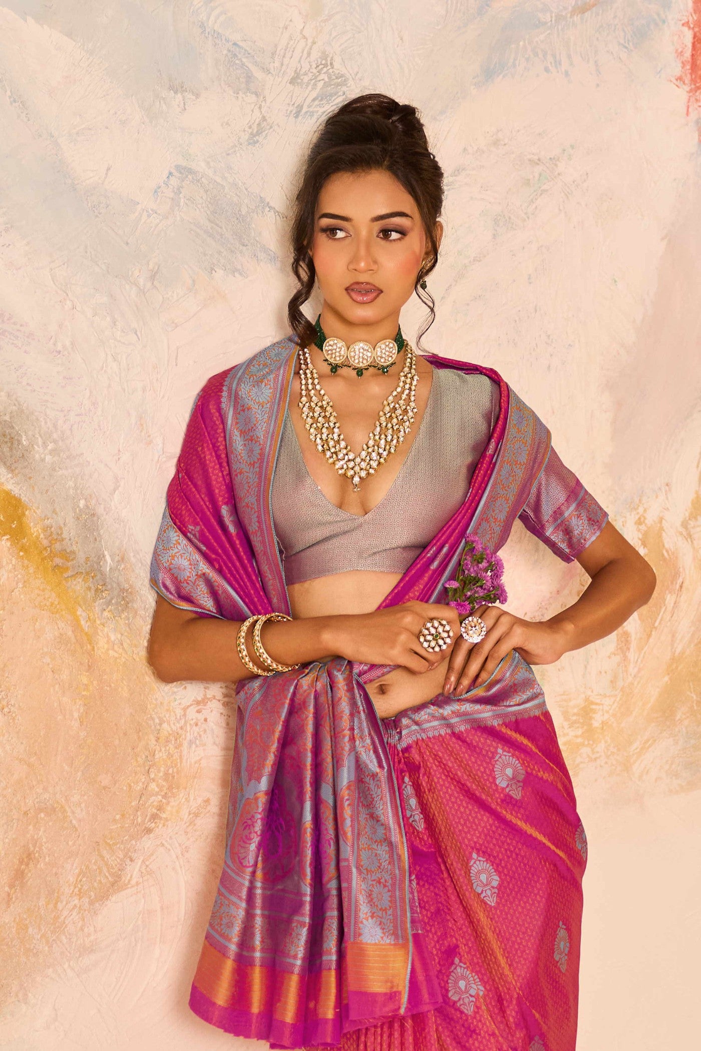 Buy MySilkLove Flamingo Pink Woven Tanchoi Kanjivaram Saree Online