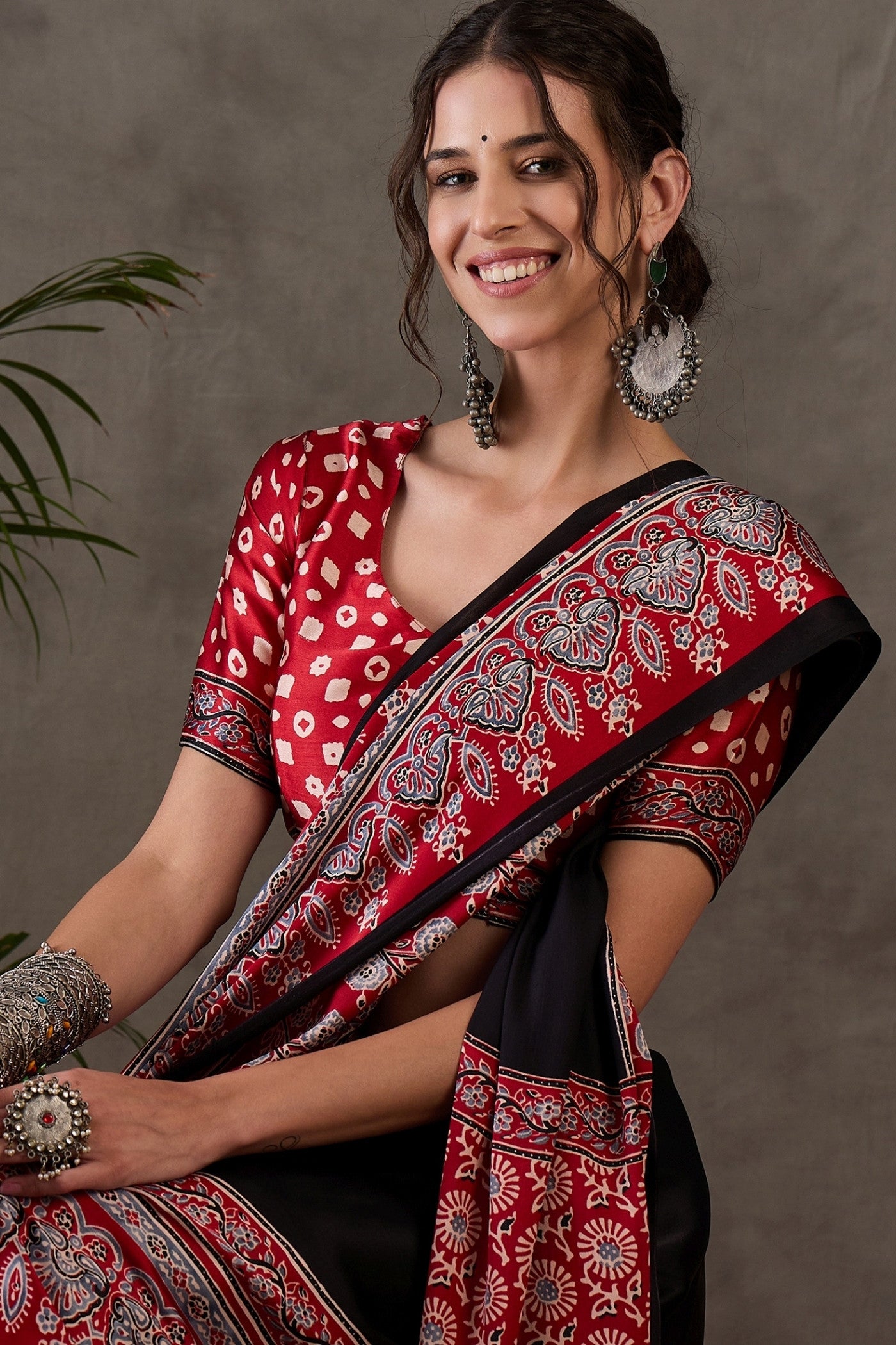 MySilkLove Pitch Black Printed Satin Gaji Silk Saree