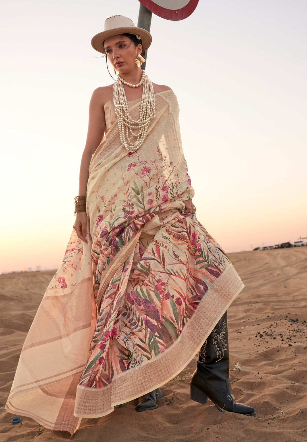 MySilkLove Desert Sand Cream Woven Linen Saree