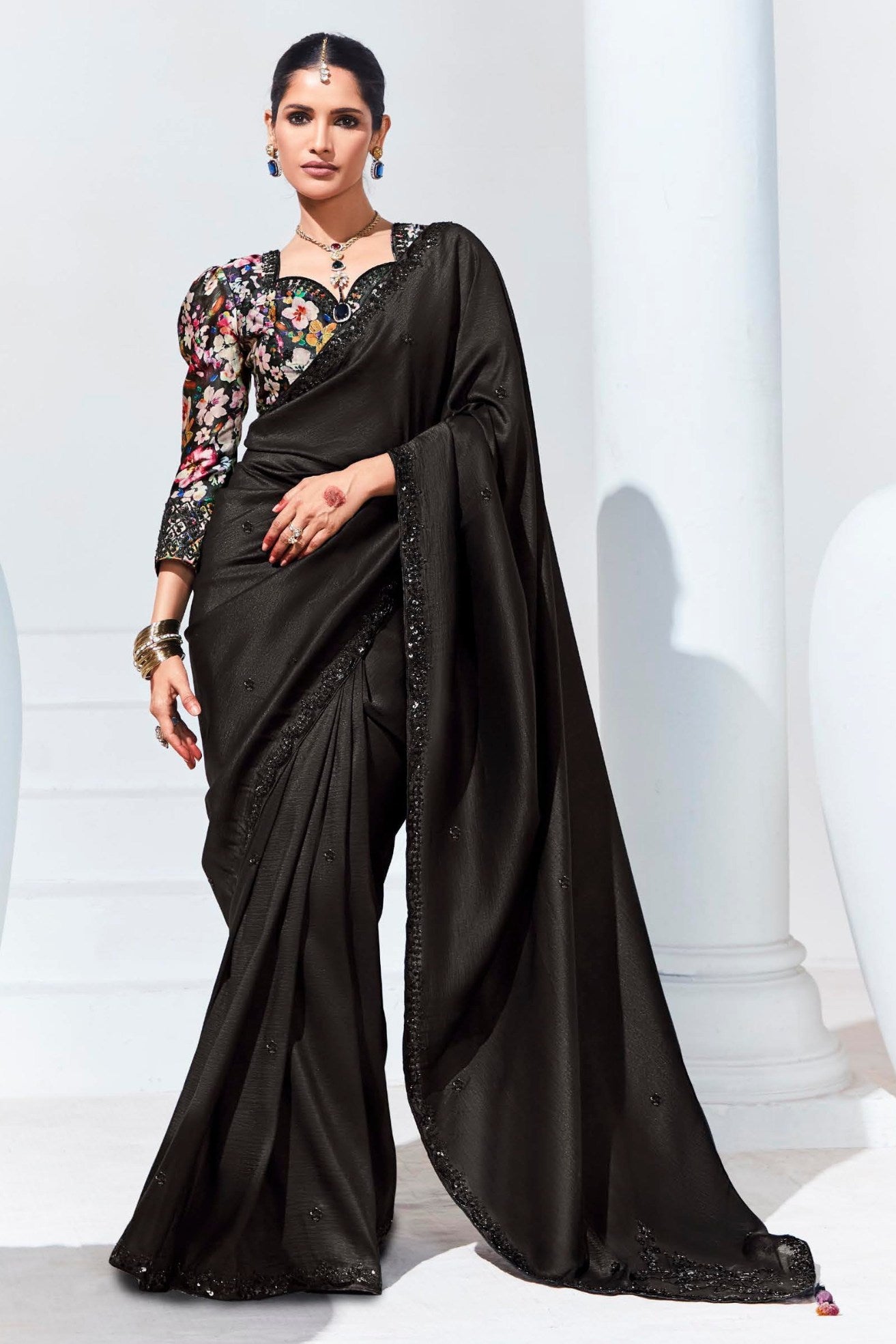 Buy MySilkLove Licorice Black Tissue Organza Designer Partywear Saree Online