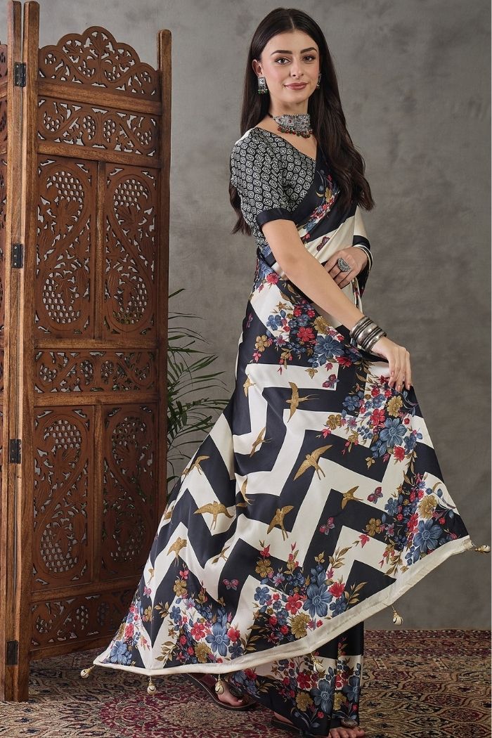 Buy MySilkLove Sisal Black Stripe Printed Floral Satin Gaji Silk Saree Online