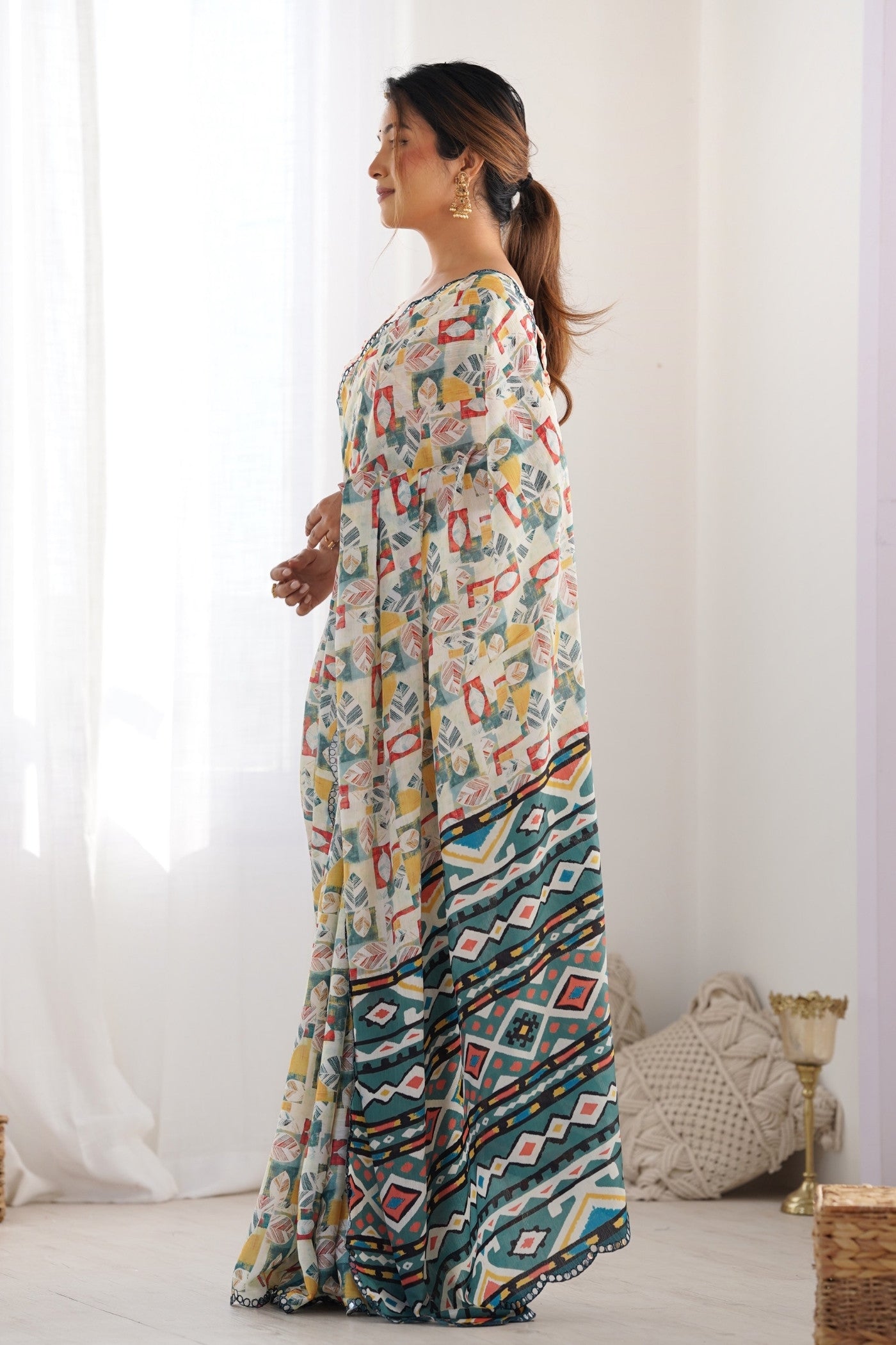 Buy MySilkLove Multicolor White Digital Printed Chinon Saree Online