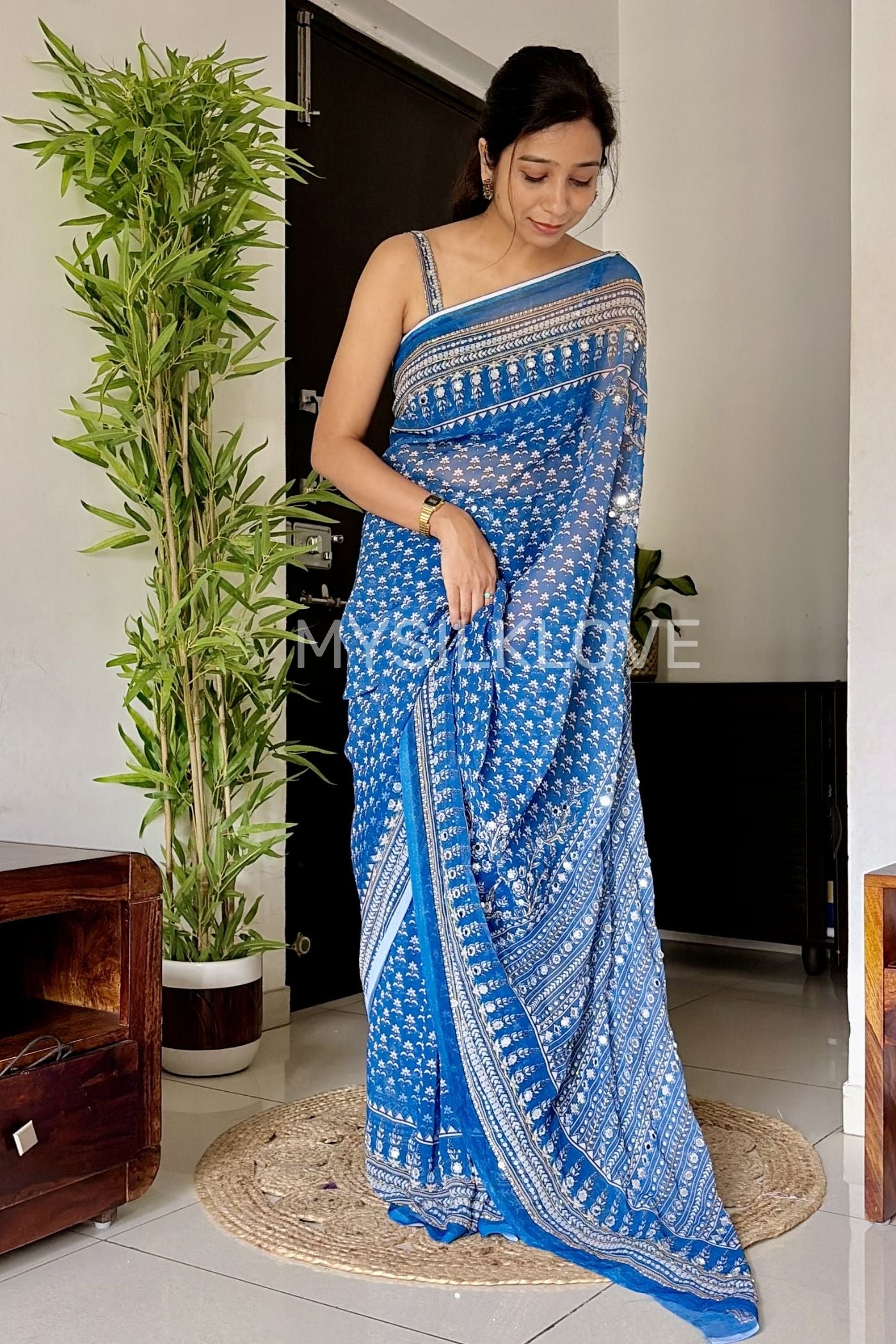 MySilkLove Light Blue Ajrakh Georgette Mirror Work Saree Without Blouse