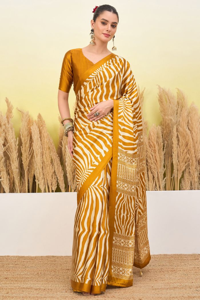Buy MySilkLove Mustard Yellow Modal Ajrakh Satin Printed Silk Saree Online