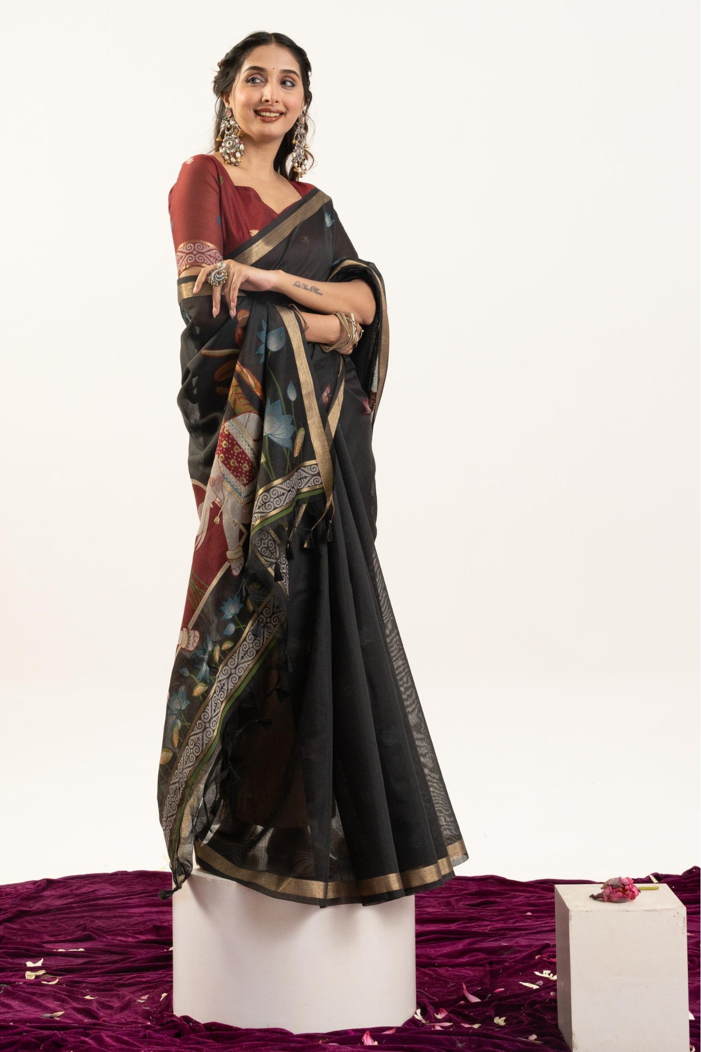 Buy MySilkLove Eclipse Black Woven Soft Muga Cotton Saree Online