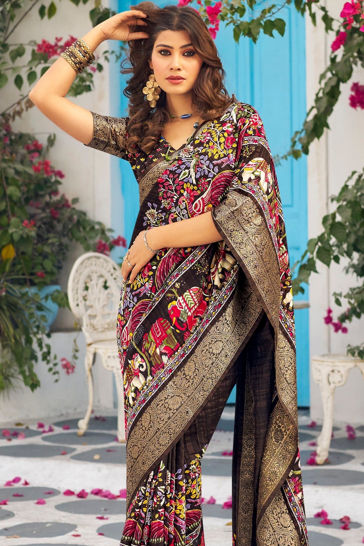 Buy MySilkLove Taupe Black Banarasi Printed Saree Online