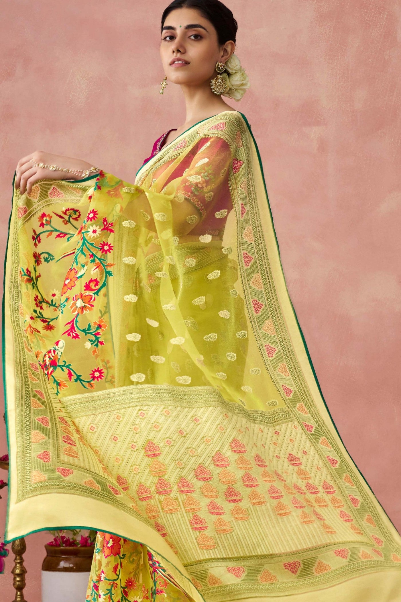 Buy MySilkLove Equator Yellow Brasso Organza Printed Saree Online