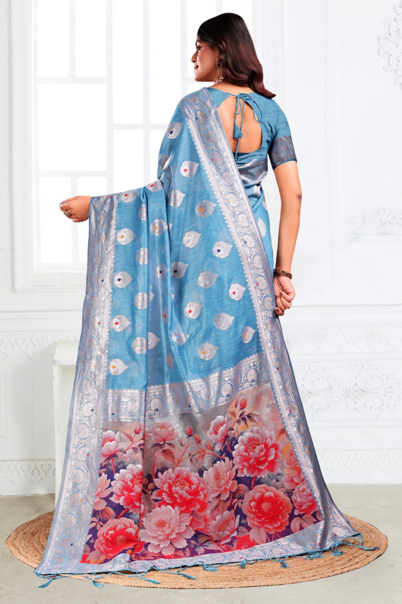 Buy MySilkLove Swiming Blue Woven Linen Cotton Saree Online