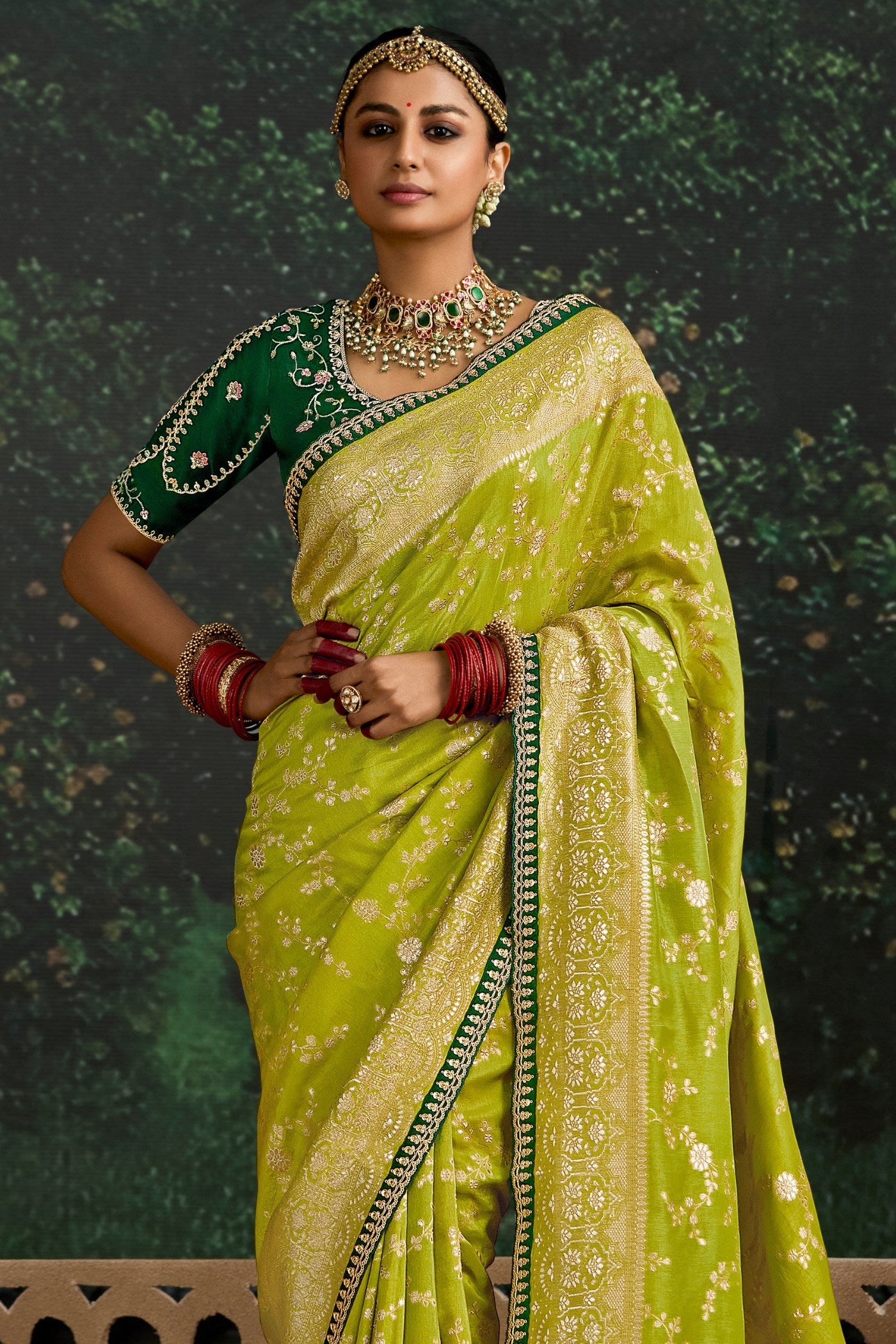 Buy MySilkLove Pear Green Designer Banarasi Saree Online