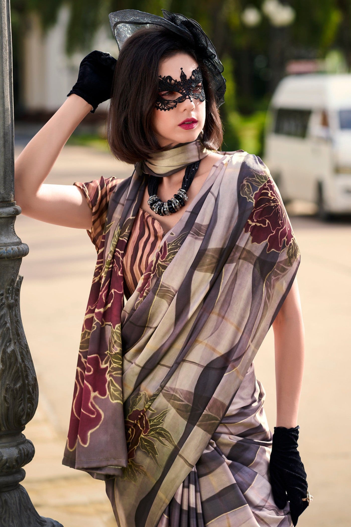 Buy MySilkLove Don Juan Brown Printed Satin Crepe Silk Saree Online