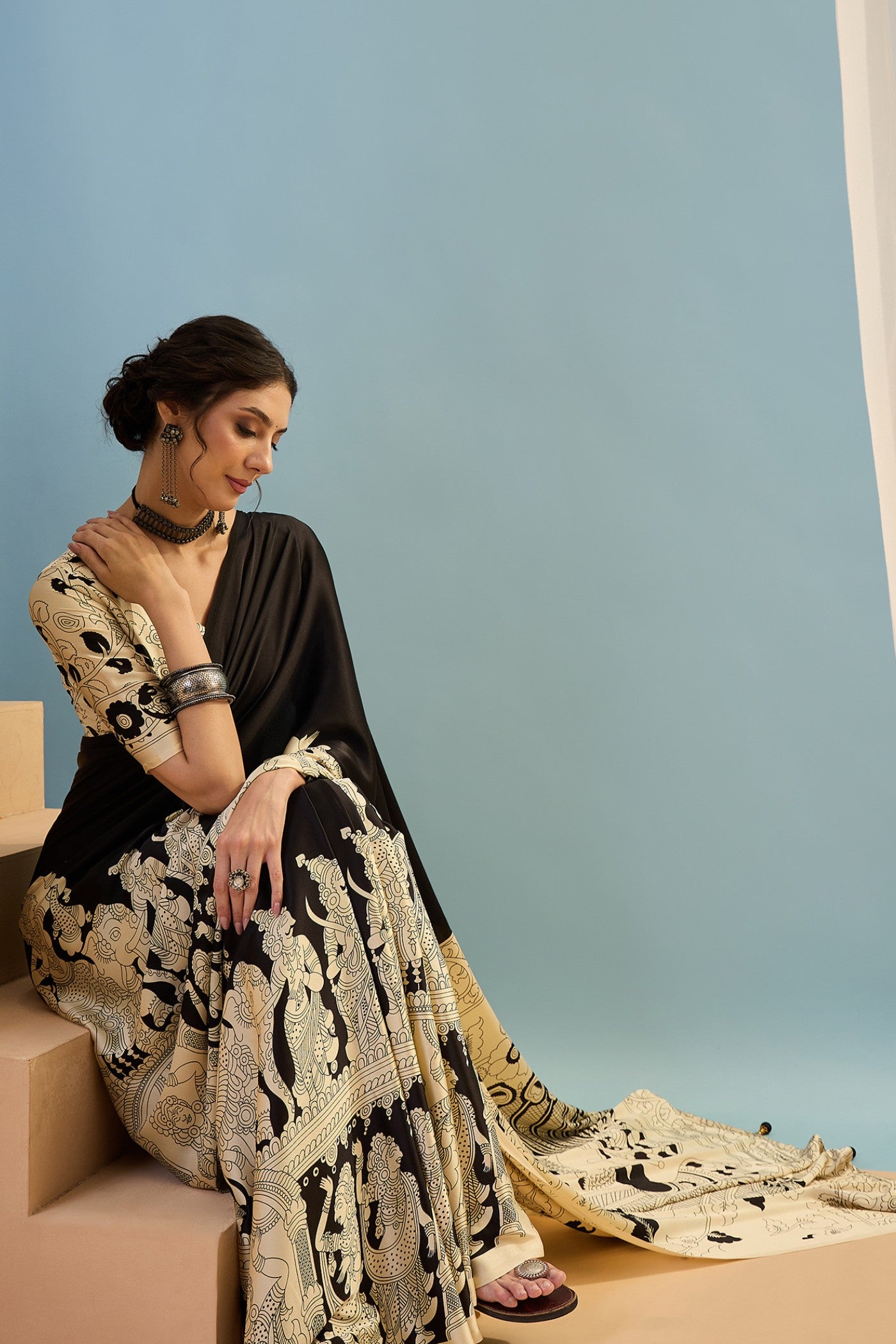 MySilkLove Gunmetal Black Ajrakh Printed Satin Crepe Silk Saree