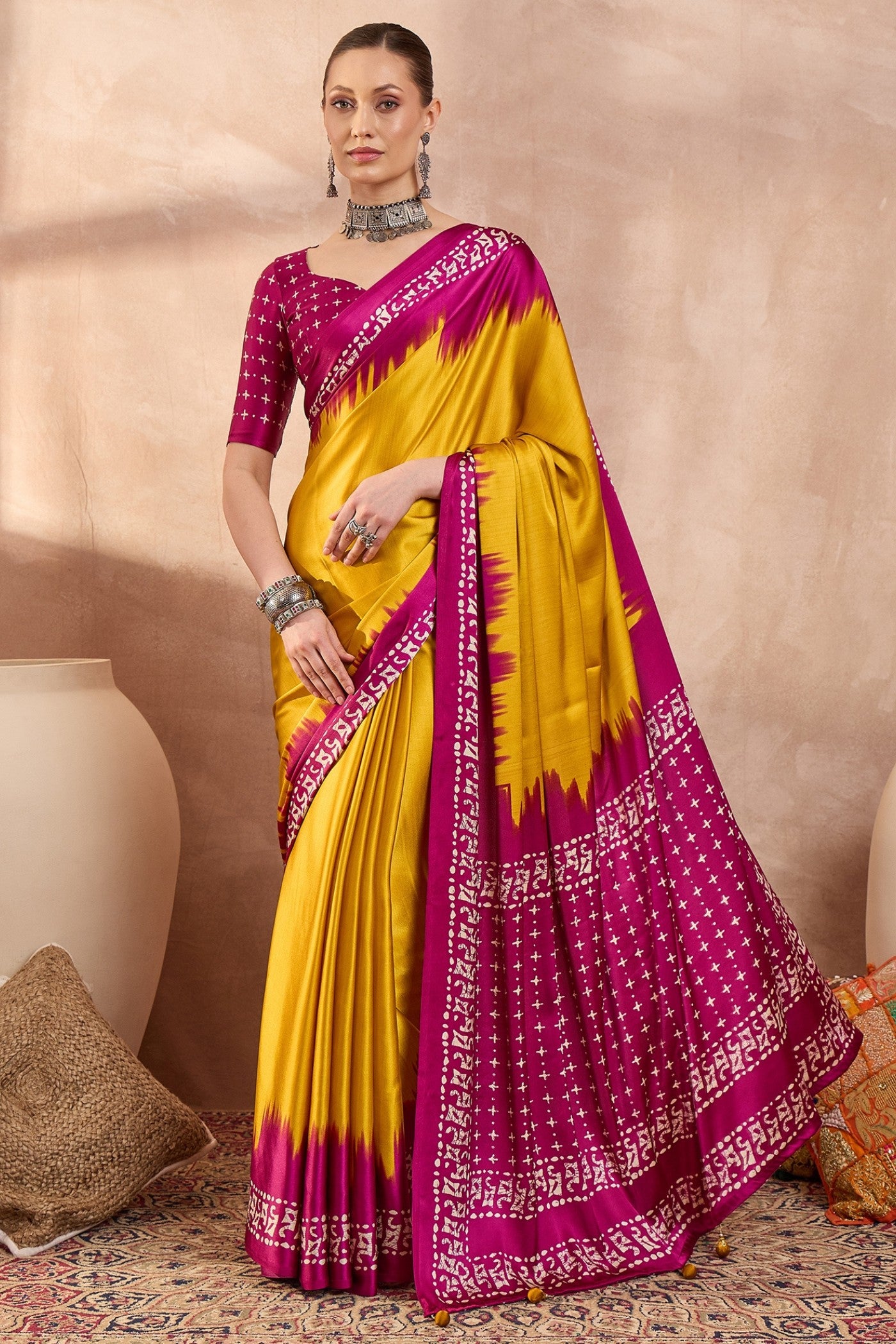 Buy MySilkLove Chartreuse Yellow Printed Satin Crepe Silk Saree Online