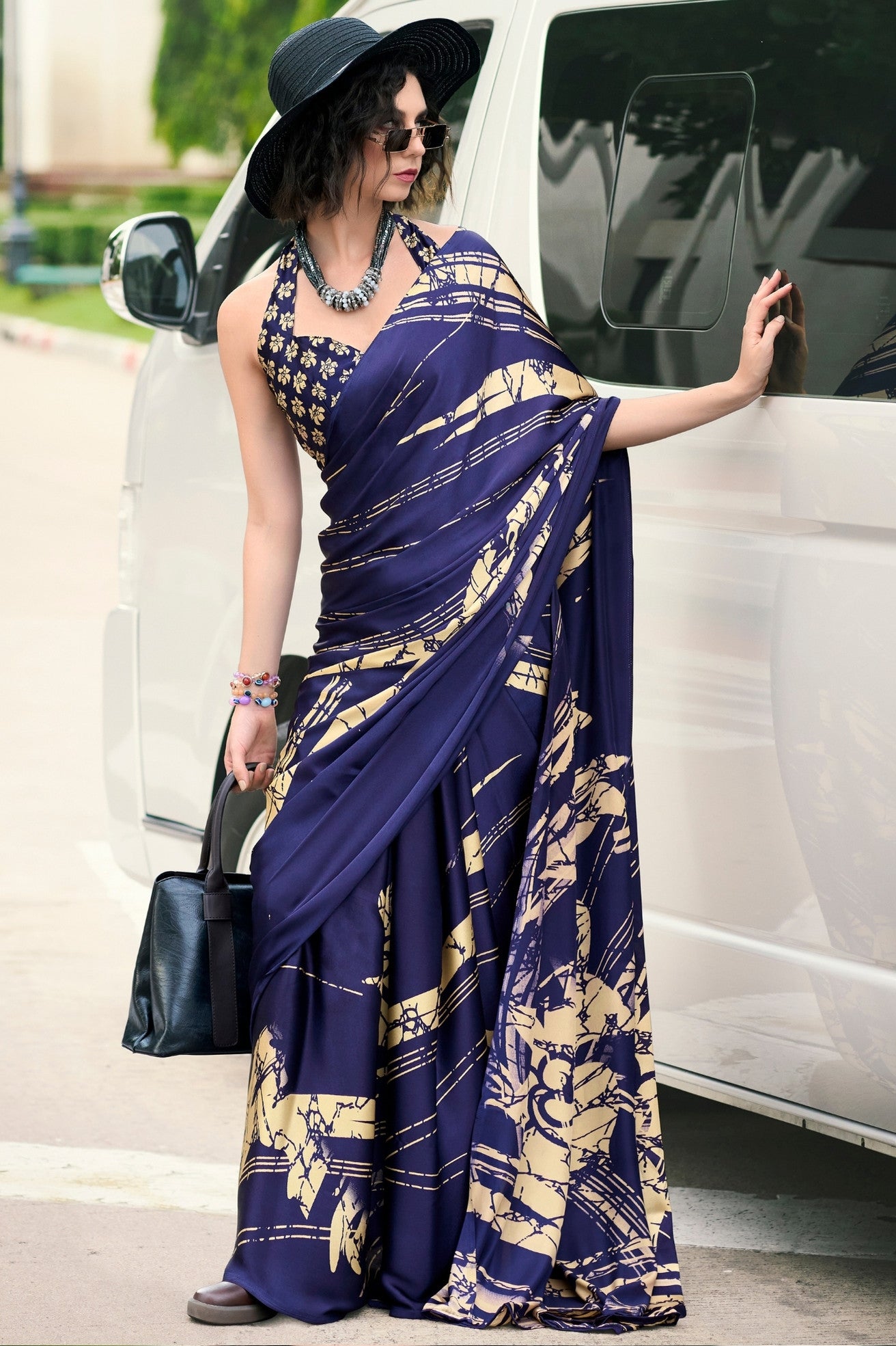 Buy MySilkLove Azure Blue Printed Satin Crepe Saree Online