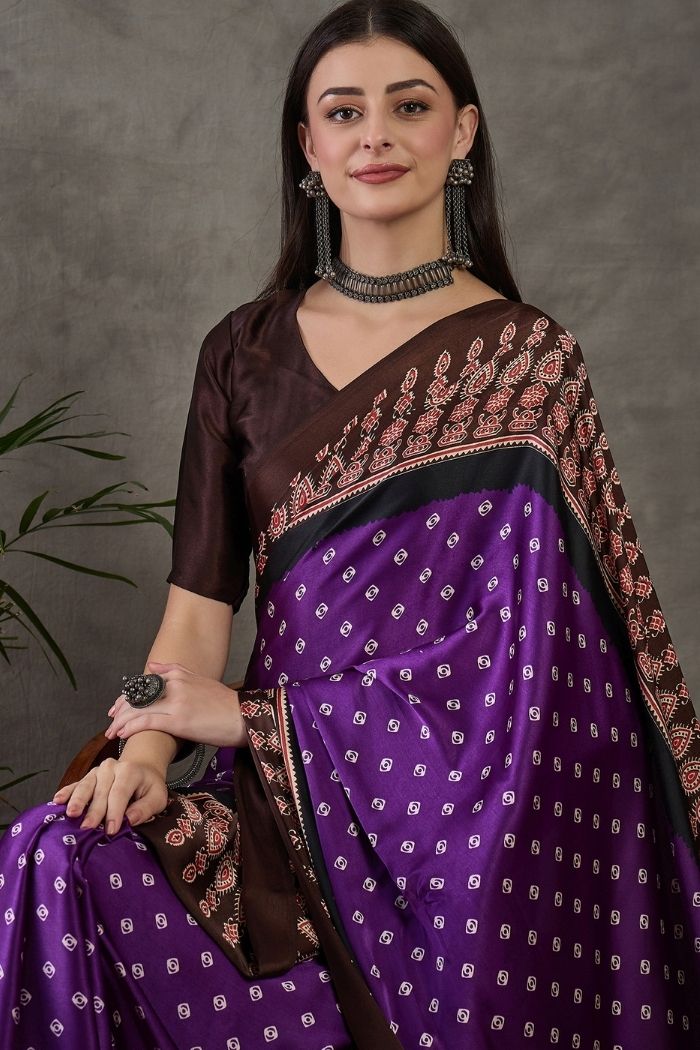 Buy MySilkLove Dark Violet Purple Ajrakh Printed Satin Gaji Silk Saree Online