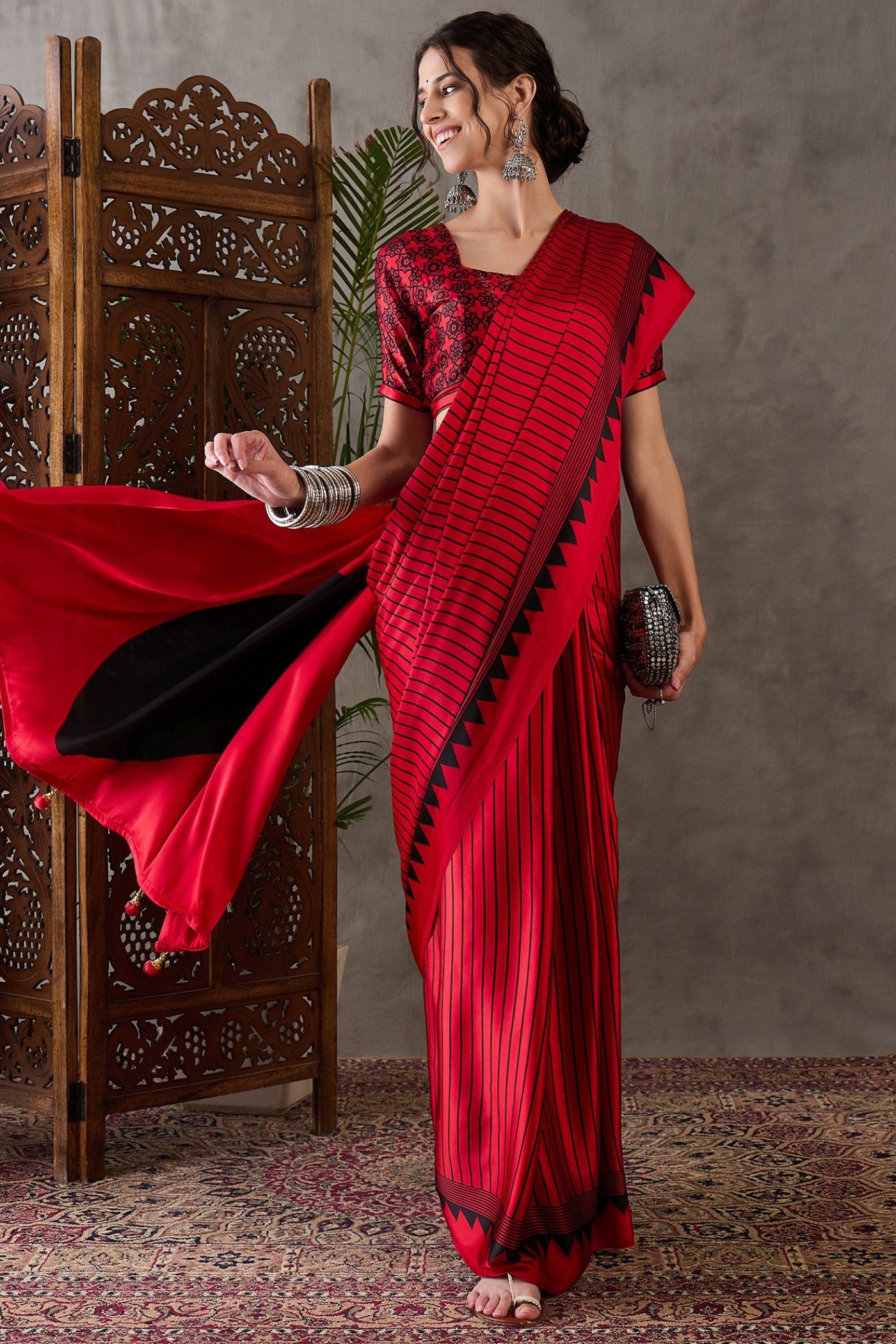 Buy MySilkLove Rose Red Printed Satin Gaji Silk Saree Online