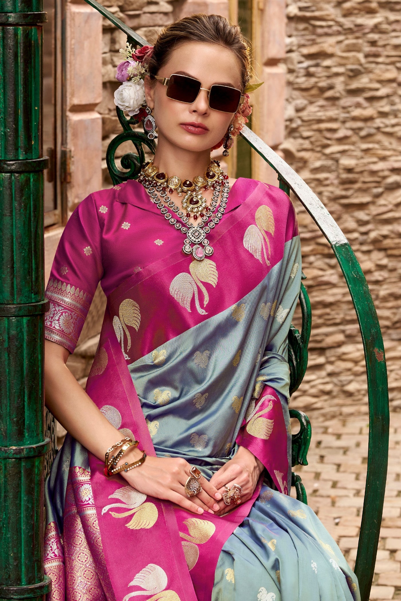MySilkLove Zinc Gery Woven Satin Soft Silk Saree